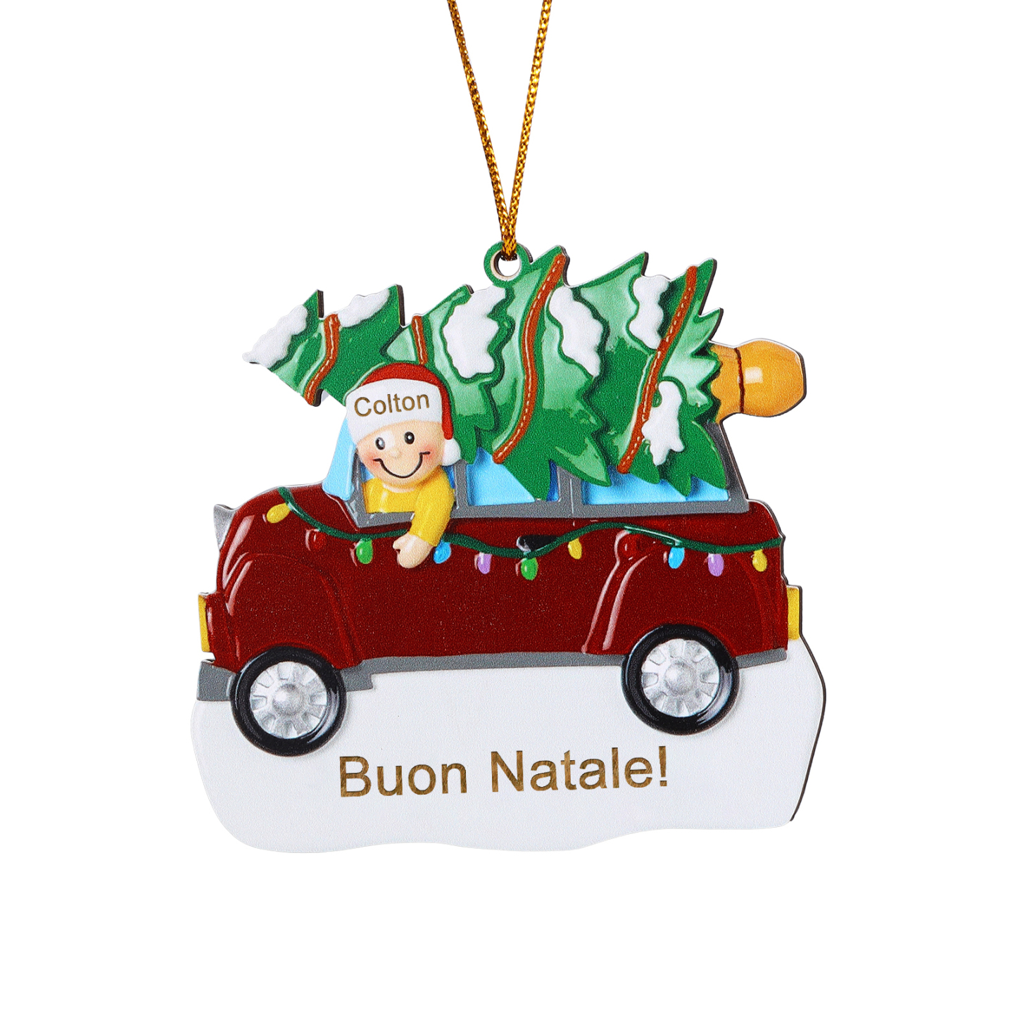 Decorazione Natalizia in Legno Personalizza 1 Nomi e 1 Testo - Design Auto Rossa con Albero, Regalo di Natale per Famiglia | Jessemade