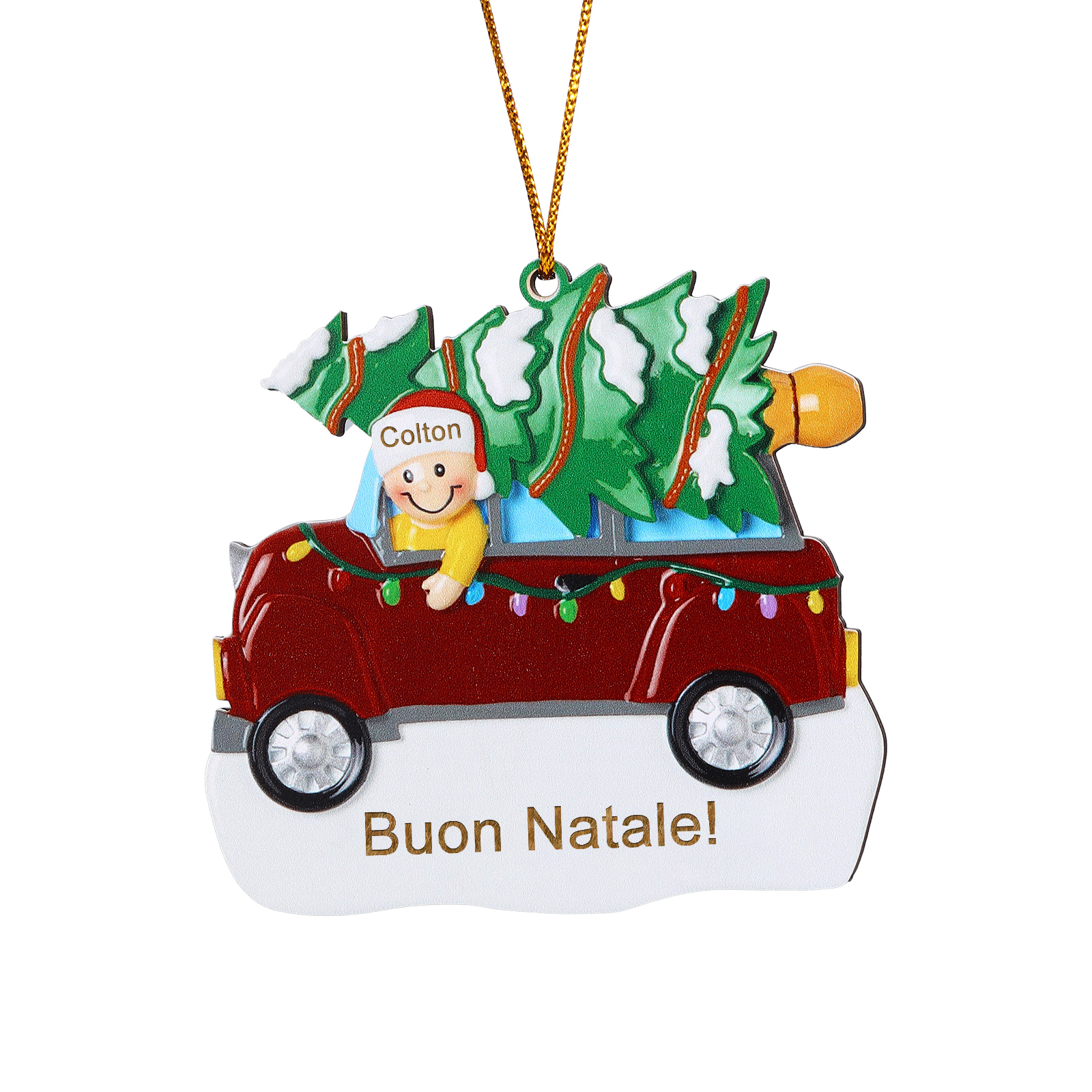 Decorazione Natalizia in Legno Personalizza 1 Nomi e 1 Testo - Design Auto Rossa con Albero, Regalo di Natale per Famiglia | Jessemade