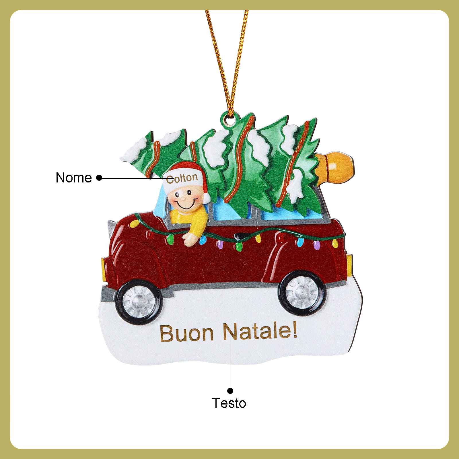 Decorazione Natalizia in Legno Personalizza 1 Nomi e 1 Testo - Design Auto Rossa con Albero, Regalo di Natale per Famiglia | Jessemade