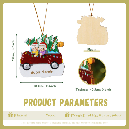 Decorazione Natalizia in Legno Personalizza 2 Nomi e 1 Testo - Design Auto Rossa con Albero, Regalo di Natale per Famiglia | Jessemade