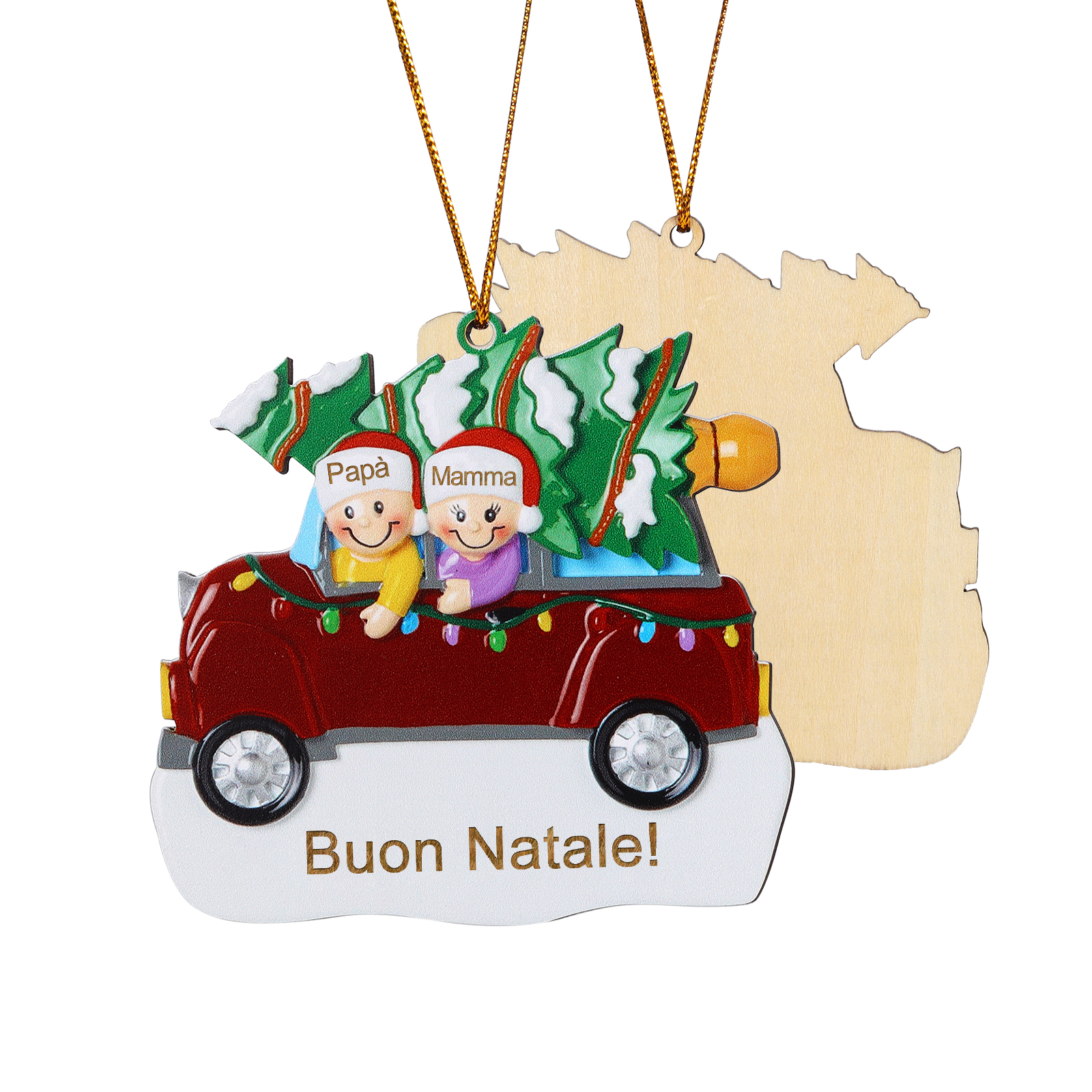 Decorazione Natalizia in Legno Personalizza 2 Nomi e 1 Testo - Design Auto Rossa con Albero, Regalo di Natale per Famiglia | Jessemade