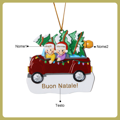 Decorazione Natalizia in Legno Personalizza 2 Nomi e 1 Testo - Design Auto Rossa con Albero, Regalo di Natale per Famiglia | Jessemade