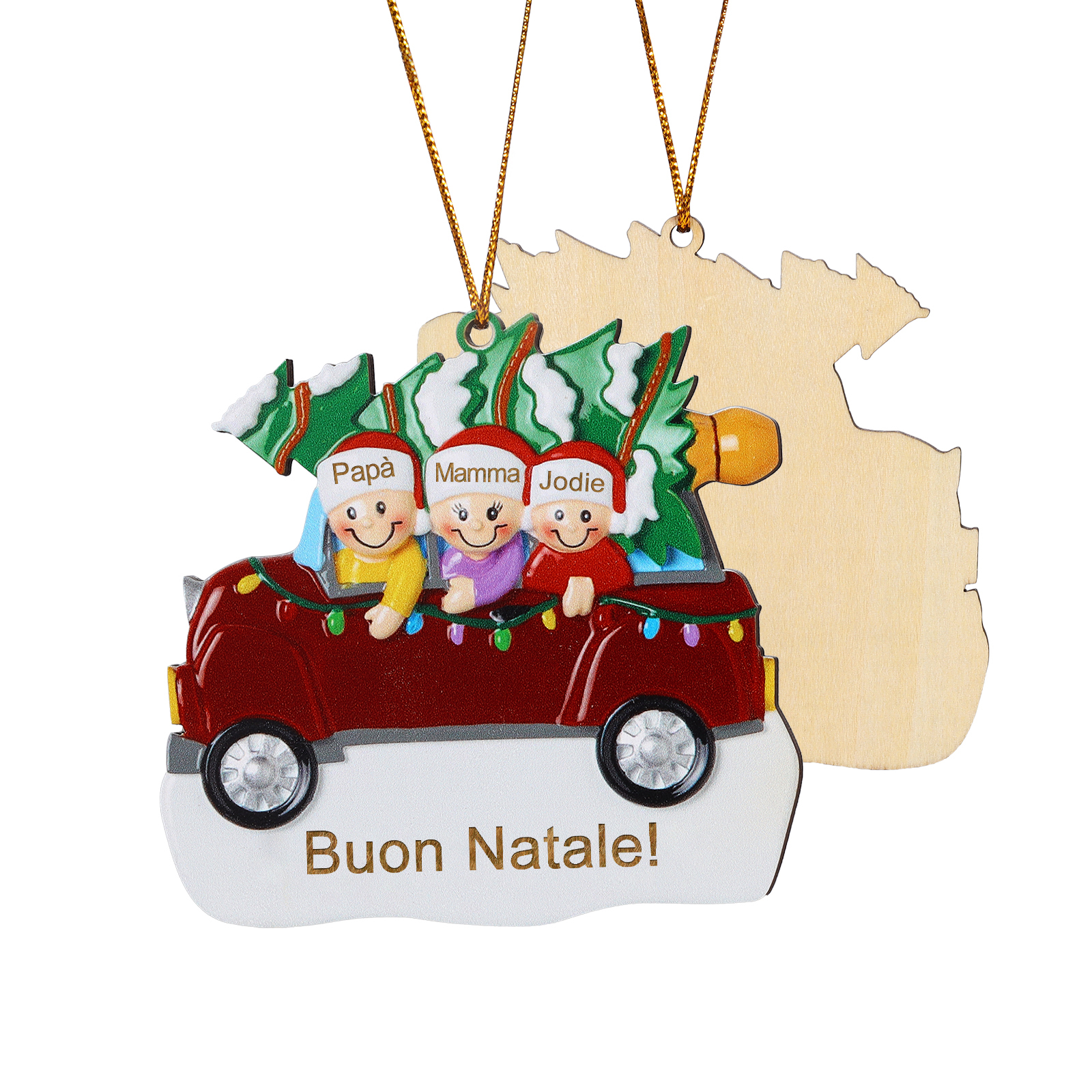 Decorazione Natalizia in Legno Personalizza 3 Nomi e 1 Testo - Design Auto Rossa con Albero, Regalo di Natale per Famiglia | Jessemade