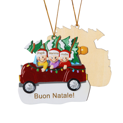 Decorazione Natalizia in Legno Personalizza 3 Nomi e 1 Testo - Design Auto Rossa con Albero, Regalo di Natale per Famiglia | Jessemade