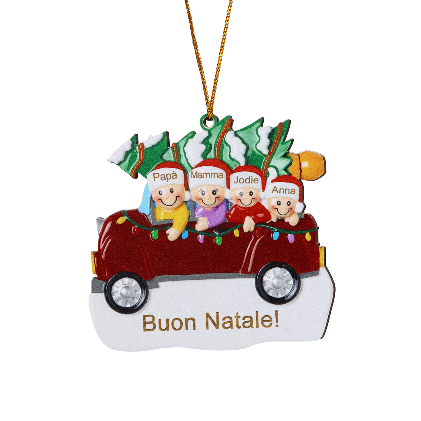 Decorazione Natalizia in Legno Personalizza 4 Nomi e 1 Testo - Design Auto Rossa con Albero, Regalo di Natale per Famiglia | Jessemade