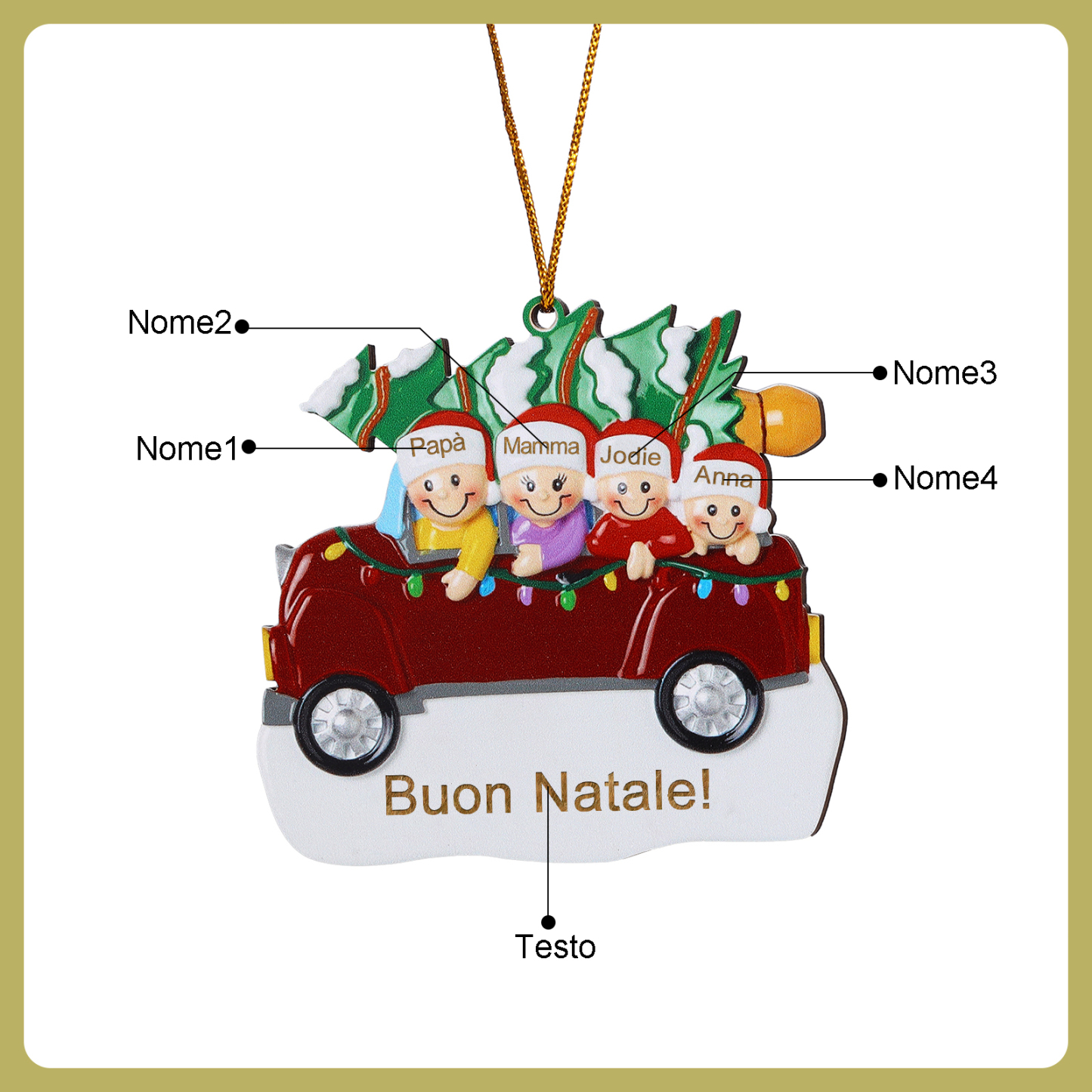 Decorazione Natalizia in Legno Personalizza 4 Nomi e 1 Testo - Design Auto Rossa con Albero, Regalo di Natale per Famiglia | Jessemade