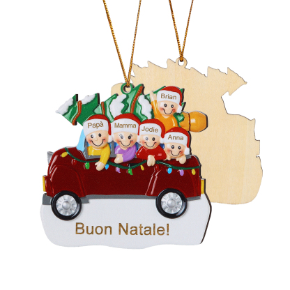 Decorazione Natalizia in Legno Personalizza 5 Nomi e 1 Testo - Design Auto Rossa con Albero, Regalo di Natale per Famiglia | Jessemade