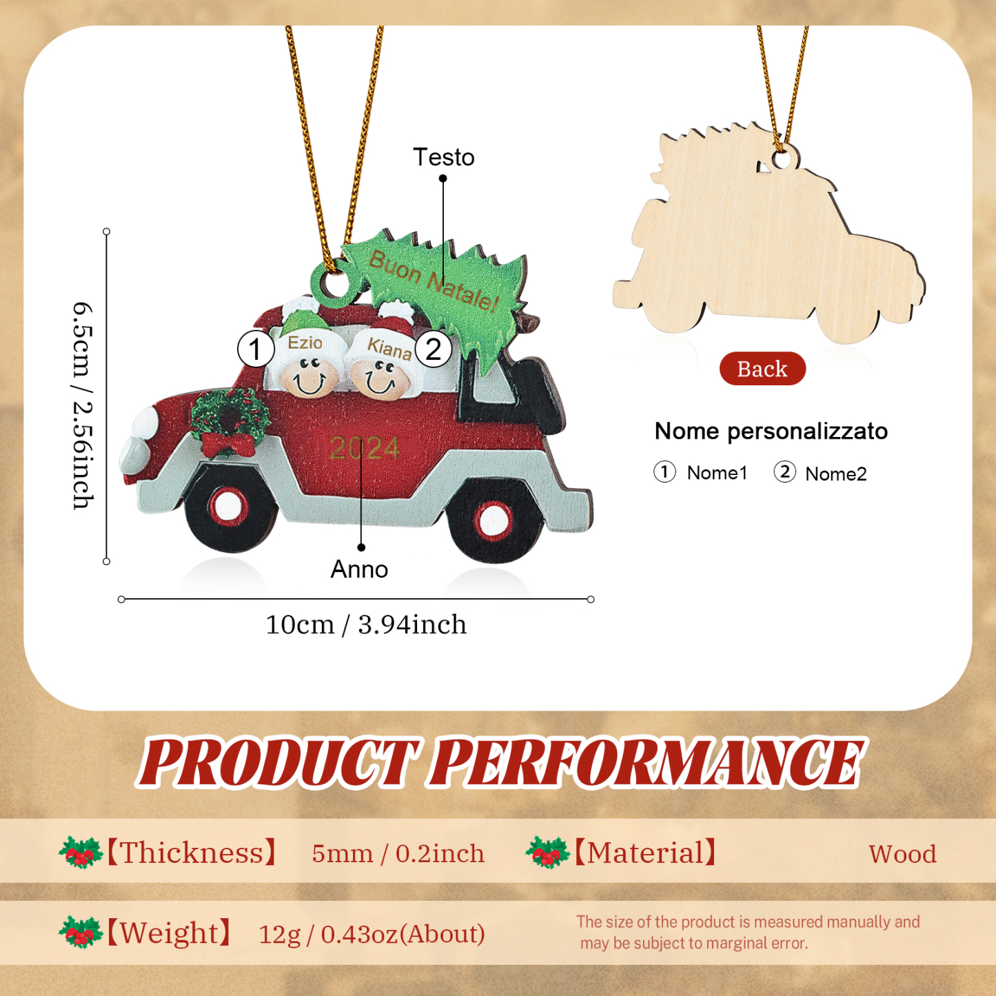 Decorazione Natalizia in Legno Personalizzata - Macchina Rossa, Albero di Natale e Personaggi - Personalizzabile con 2 Nomi, 1 Testo e una Data - Regalo di Natale per Famiglia | Jessemade