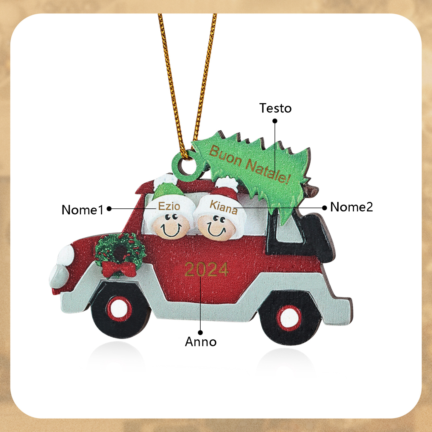 Decorazione Natalizia in Legno Personalizzata - Macchina Rossa, Albero di Natale e Personaggi - Personalizzabile con 2 Nomi, 1 Testo e una Data - Regalo di Natale per Famiglia | Jessemade