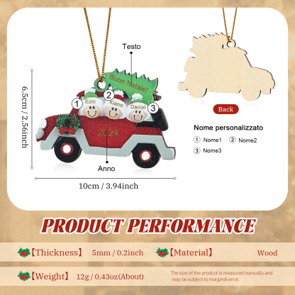 Decorazione Natalizia in Legno Personalizzata - Macchina Rossa, Albero di Natale e Personaggi - Personalizzabile con 3 Nomi, 1 Testo e una Data - Regalo di Natale per Famiglia | Jessemade