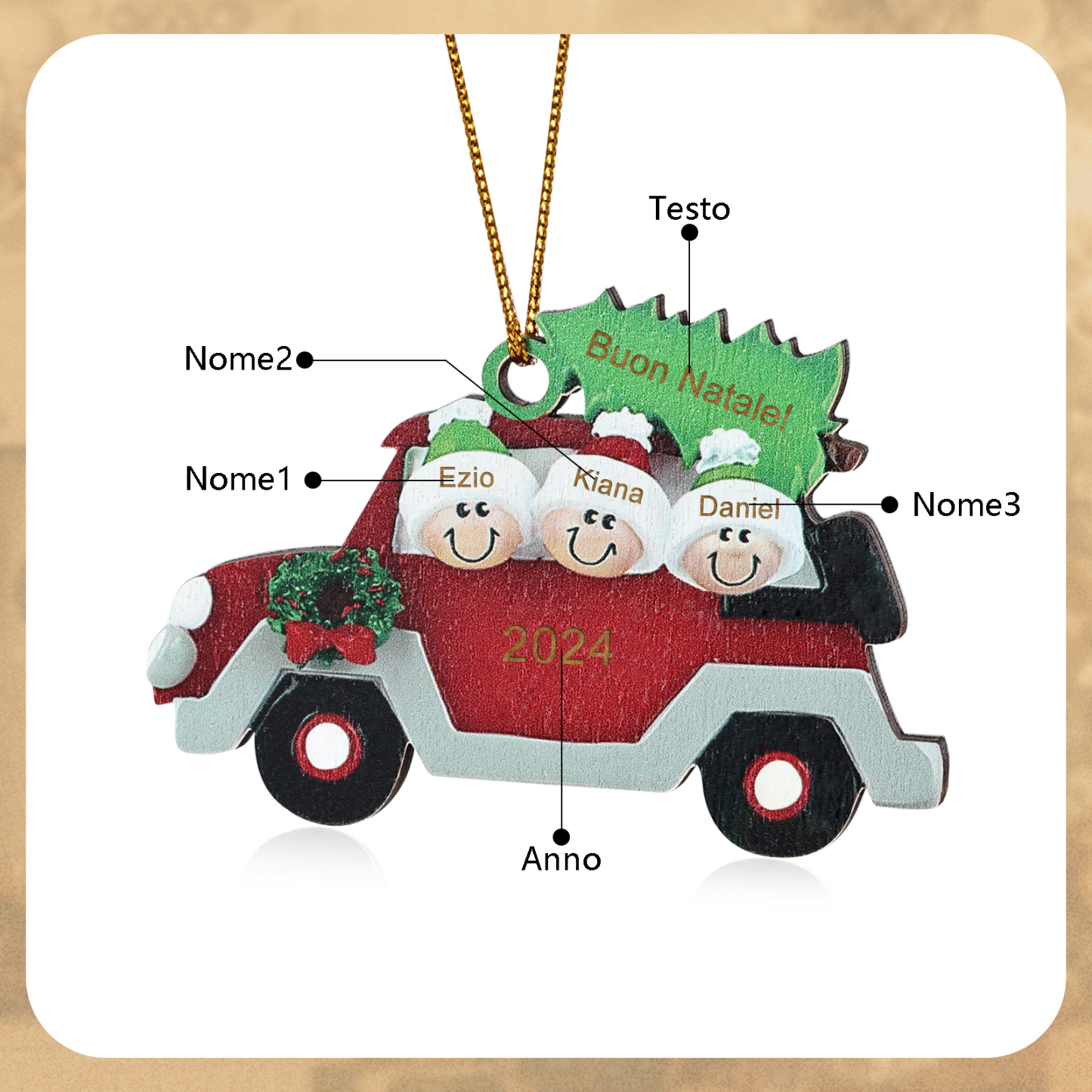 Decorazione Natalizia in Legno Personalizzata - Macchina Rossa, Albero di Natale e Personaggi - Personalizzabile con 3 Nomi, 1 Testo e una Data - Regalo di Natale per Famiglia | Jessemade