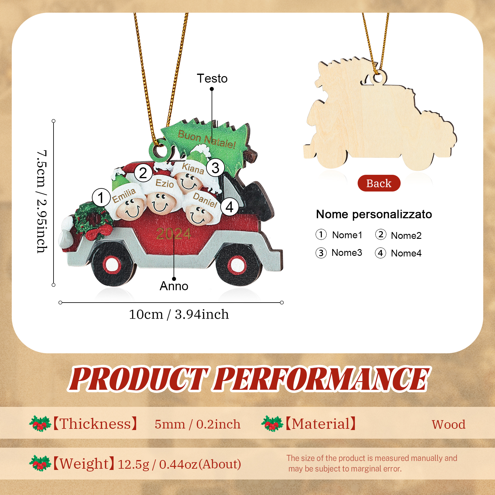 Decorazione Natalizia in Legno Personalizzata - Macchina Rossa, Albero di Natale e Personaggi - Personalizzabile con 4 Nomi, 1 Testo e una Data - Regalo di Natale per Famiglia | Jessemade