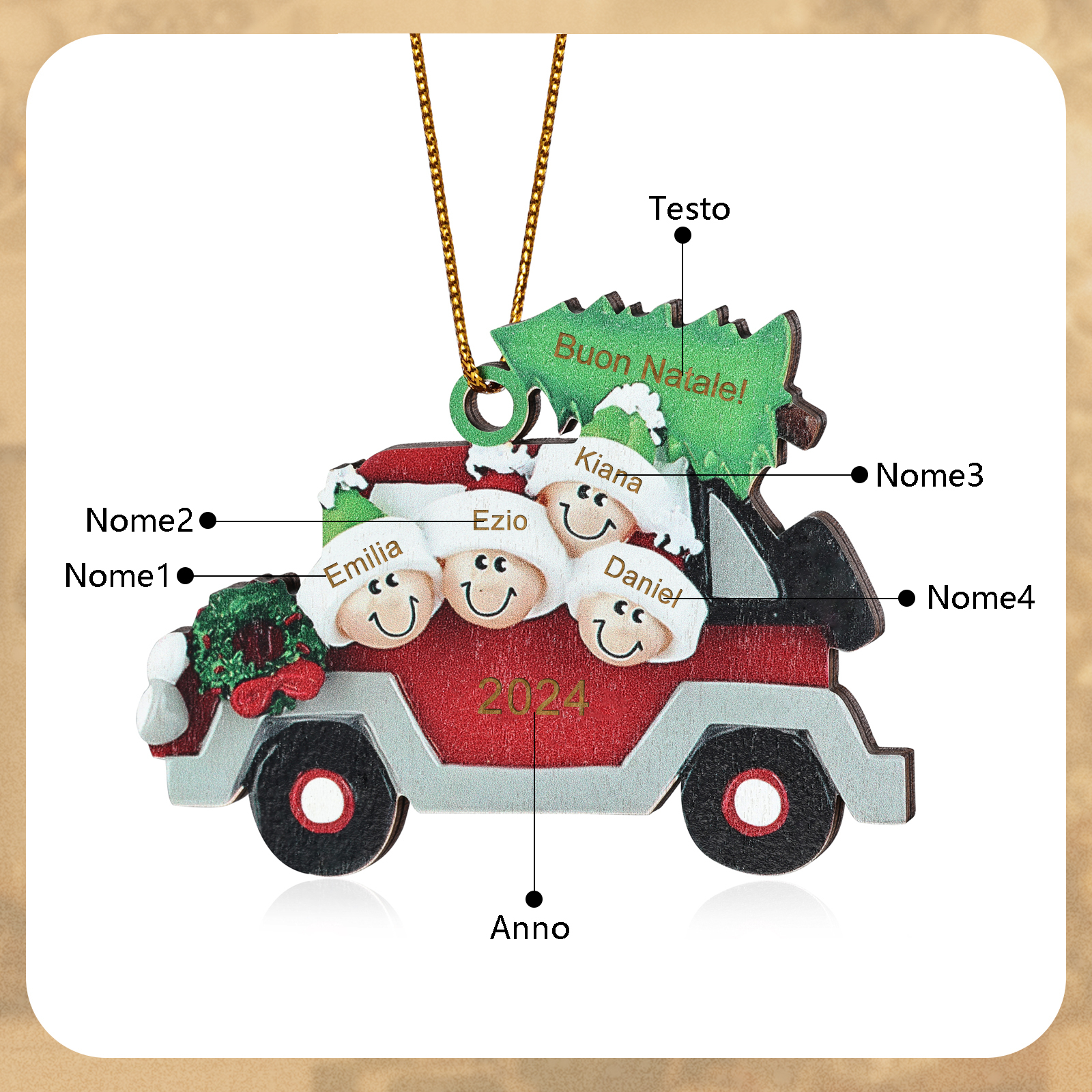 Decorazione Natalizia in Legno Personalizzata - Macchina Rossa, Albero di Natale e Personaggi - Personalizzabile con 4 Nomi, 1 Testo e una Data - Regalo di Natale per Famiglia | Jessemade