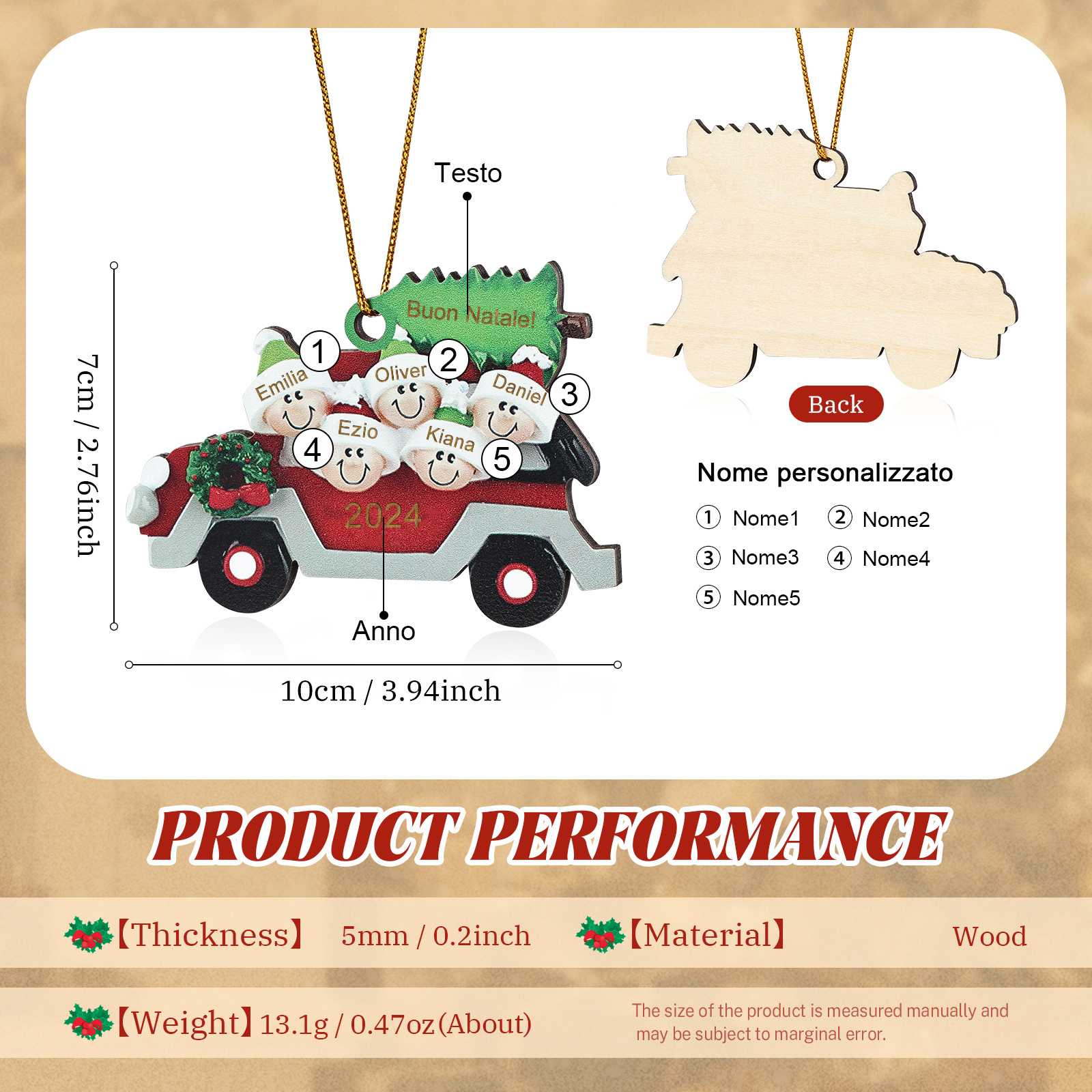 Decorazione Natalizia in Legno Personalizzata - Macchina Rossa, Albero di Natale e Personaggi - Personalizzabile con 5 Nomi, 1 Testo e una Data - Regalo di Natale per Famiglia | Jessemade
