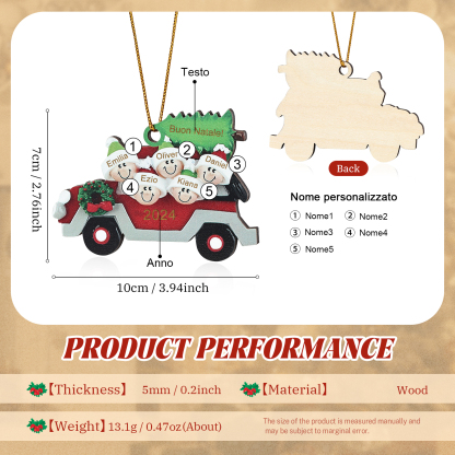 Decorazione Natalizia in Legno Personalizzata - Macchina Rossa, Albero di Natale e Personaggi - Personalizzabile con 5 Nomi, 1 Testo e una Data - Regalo di Natale per Famiglia | Jessemade