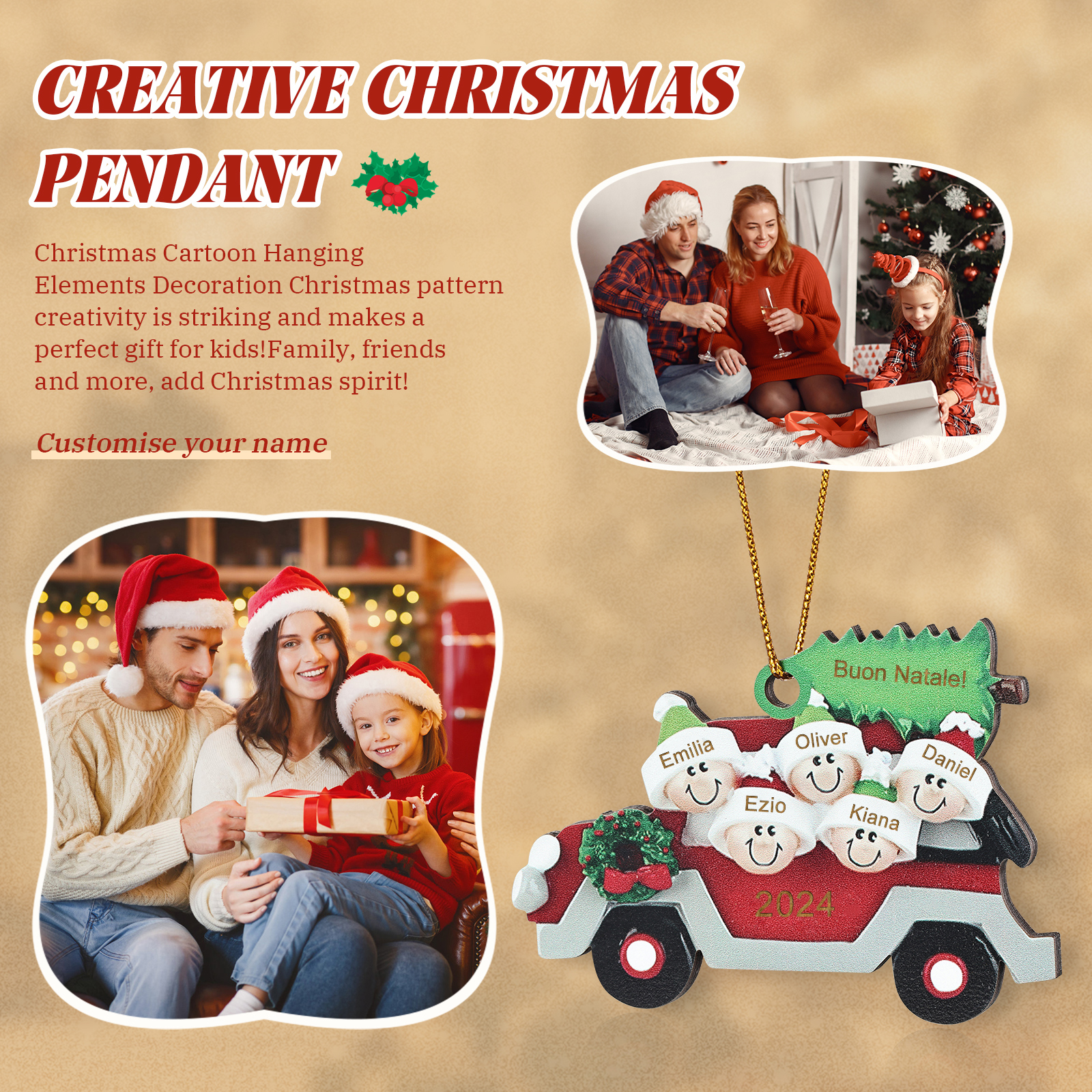 Decorazione Natalizia in Legno Personalizzata - Macchina Rossa, Albero di Natale e Personaggi - Personalizzabile con 5 Nomi, 1 Testo e una Data - Regalo di Natale per Famiglia | Jessemade