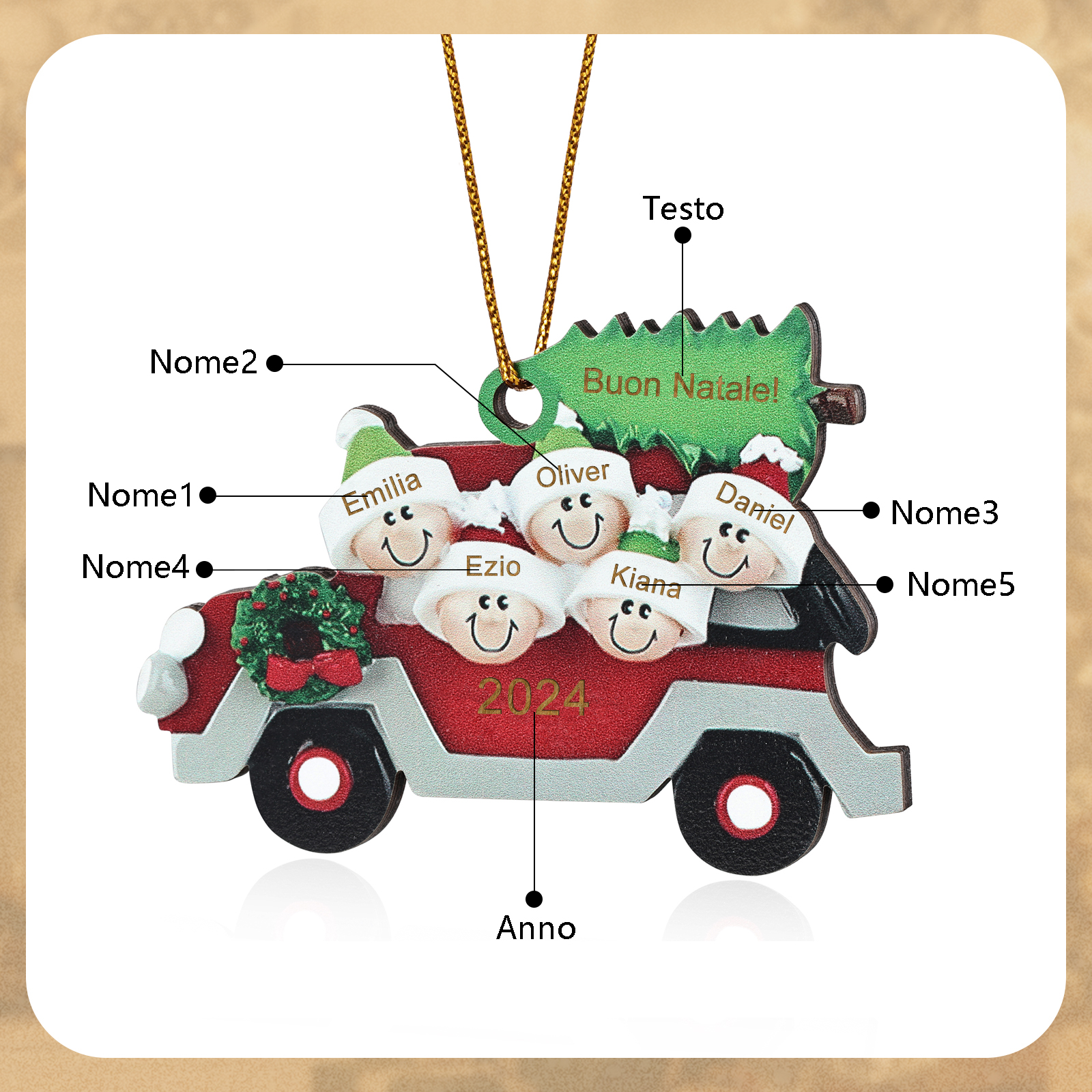 Decorazione Natalizia in Legno Personalizzata - Macchina Rossa, Albero di Natale e Personaggi - Personalizzabile con 5 Nomi, 1 Testo e una Data - Regalo di Natale per Famiglia | Jessemade