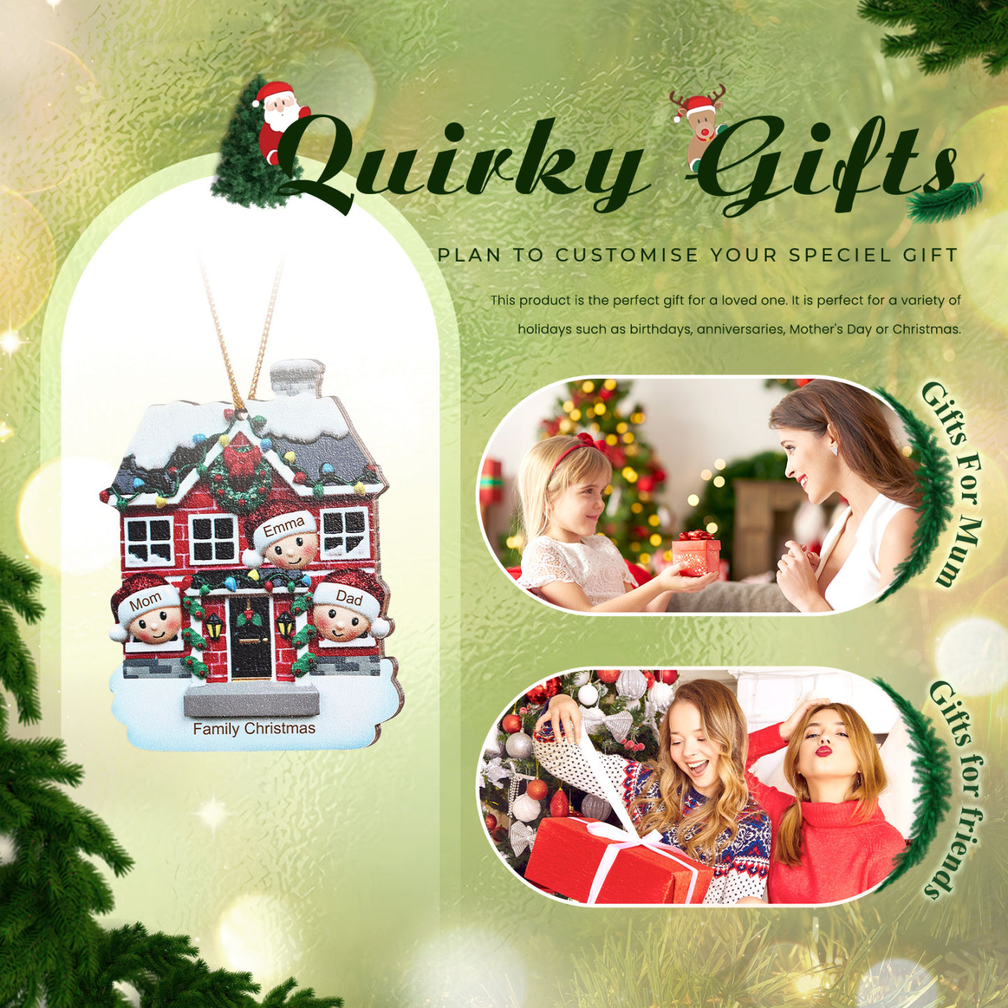 Decorazione Natalizia in Legno Personalizzata - Casetta Rossa & Personaggi - Personalizzabile con 3 Nomi e 1 Testo - Regalo di Natale per Famiglia | Jessemade