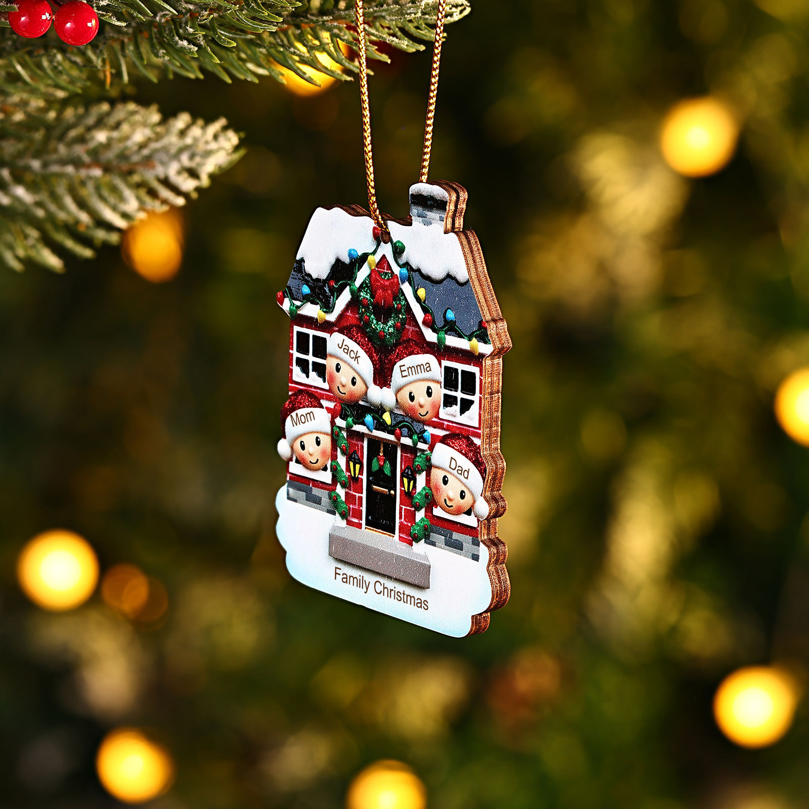 Decorazione Natalizia in Legno Personalizzata - Casetta Rossa & Personaggi - Personalizzabile con 4 Nomi e 1 Testo - Regalo di Natale per Famiglia | Jessemade