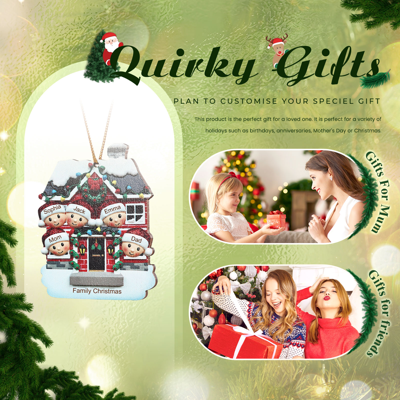 Decorazione Natalizia in Legno Personalizzata - Casetta Rossa & Personaggi - Personalizzabile con 5 Nomi e 1 Testo - Regalo di Natale per Famiglia | Jessemade