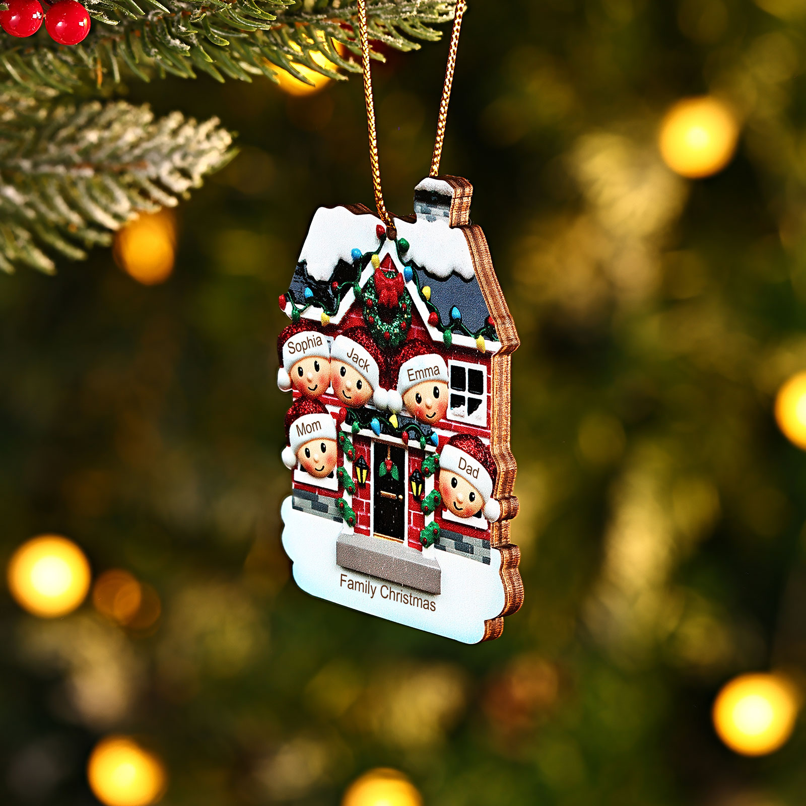 Decorazione Natalizia in Legno Personalizzata - Casetta Rossa & Personaggi - Personalizzabile con 5 Nomi e 1 Testo - Regalo di Natale per Famiglia | Jessemade
