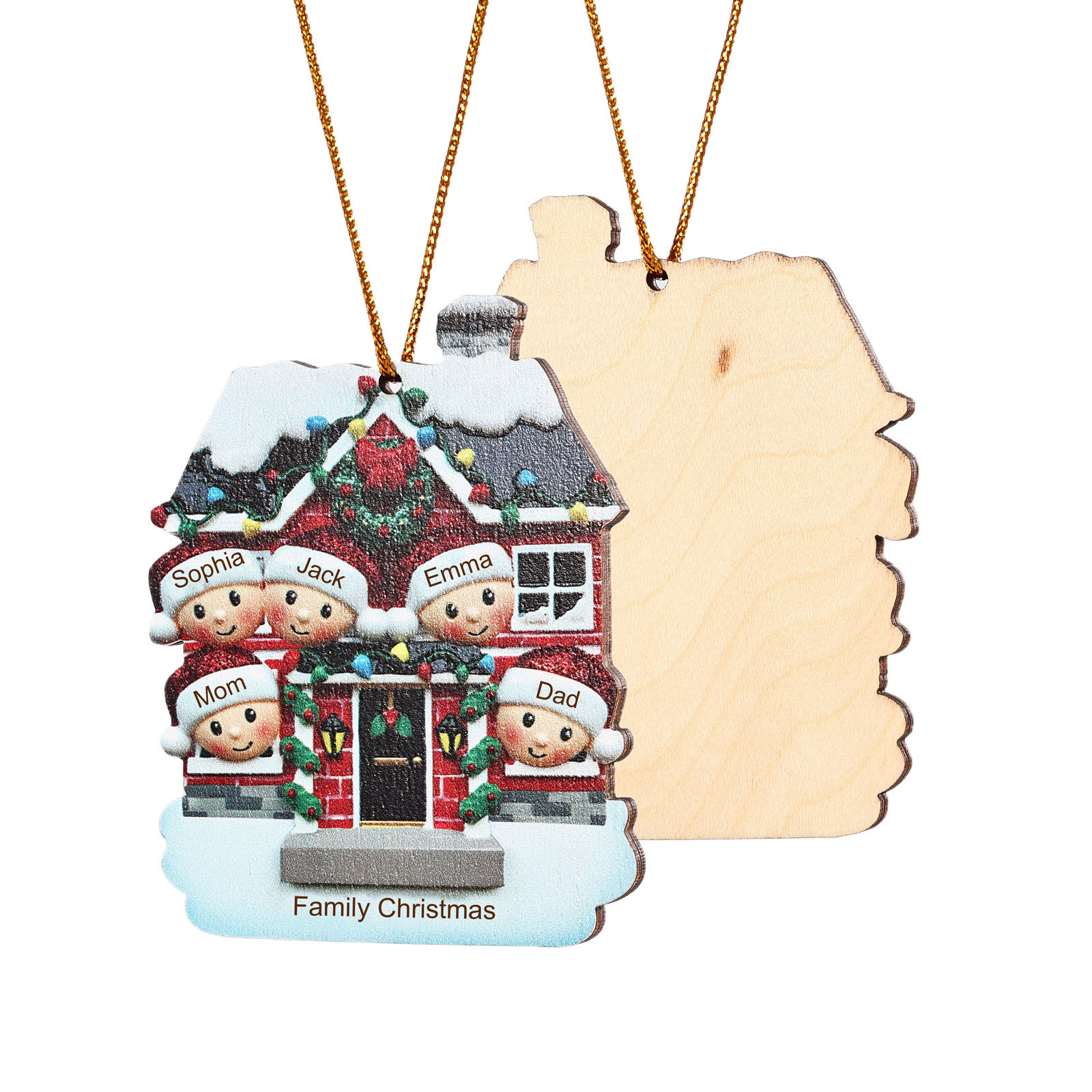 Decorazione Natalizia in Legno Personalizzata - Casetta Rossa & Personaggi - Personalizzabile con 5 Nomi e 1 Testo - Regalo di Natale per Famiglia | Jessemade