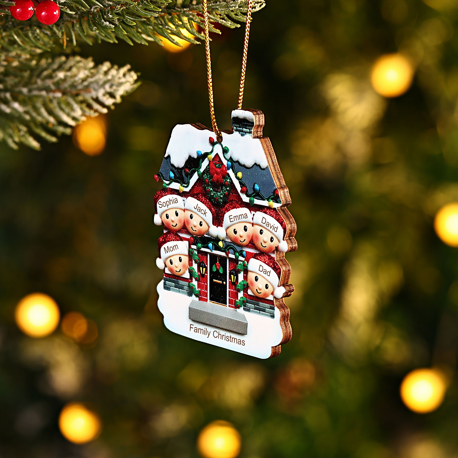 Decorazione Natalizia in Legno Personalizzata - Casetta Rossa & Personaggi - Personalizzabile con 6 Nomi e 1 Testo - Regalo di Natale per Famiglia | Jessemade