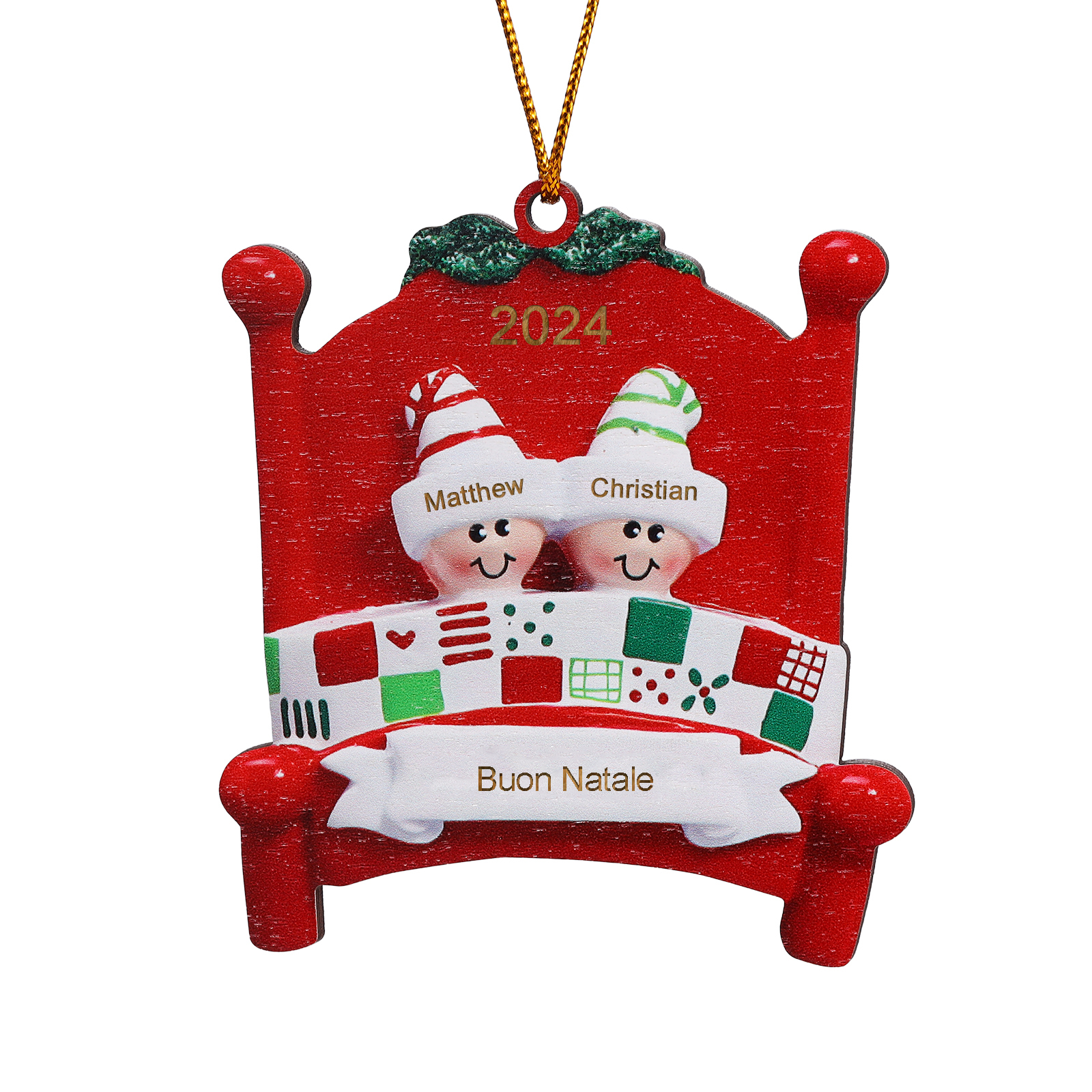 Decorazione Natalizia in Legno - Personalizza 2 Nomi, Testo e Data, Design Poltrona Accogliente, Regalo di Natale per Famiglia | Jessemade