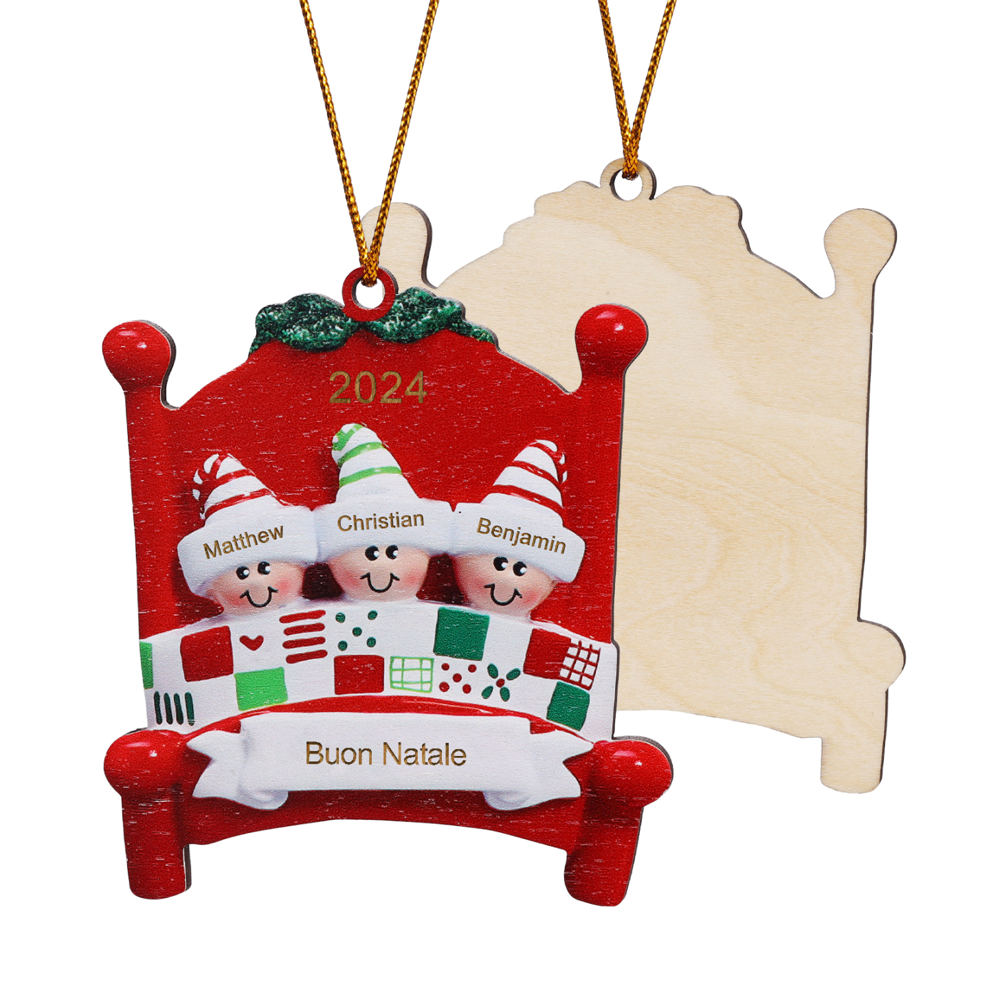 Decorazione Natalizia in Legno - Personalizza 3 Nomi, Testo e Data, Design Poltrona Accogliente, Regalo di Natale per Famiglia | Jessemade