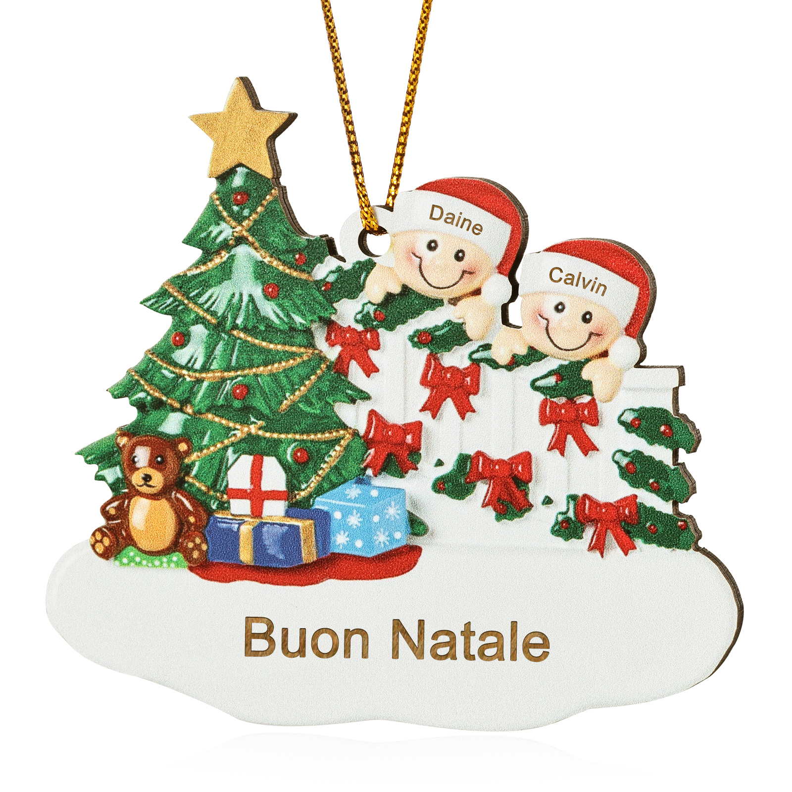 Decorazione Natalizia in Legno Personalizzata - Albero di Natale & Personaggi - Personalizzabile con 2 Nomi e 1 Testo - Regalo di Natale per Famiglia | Jessemade