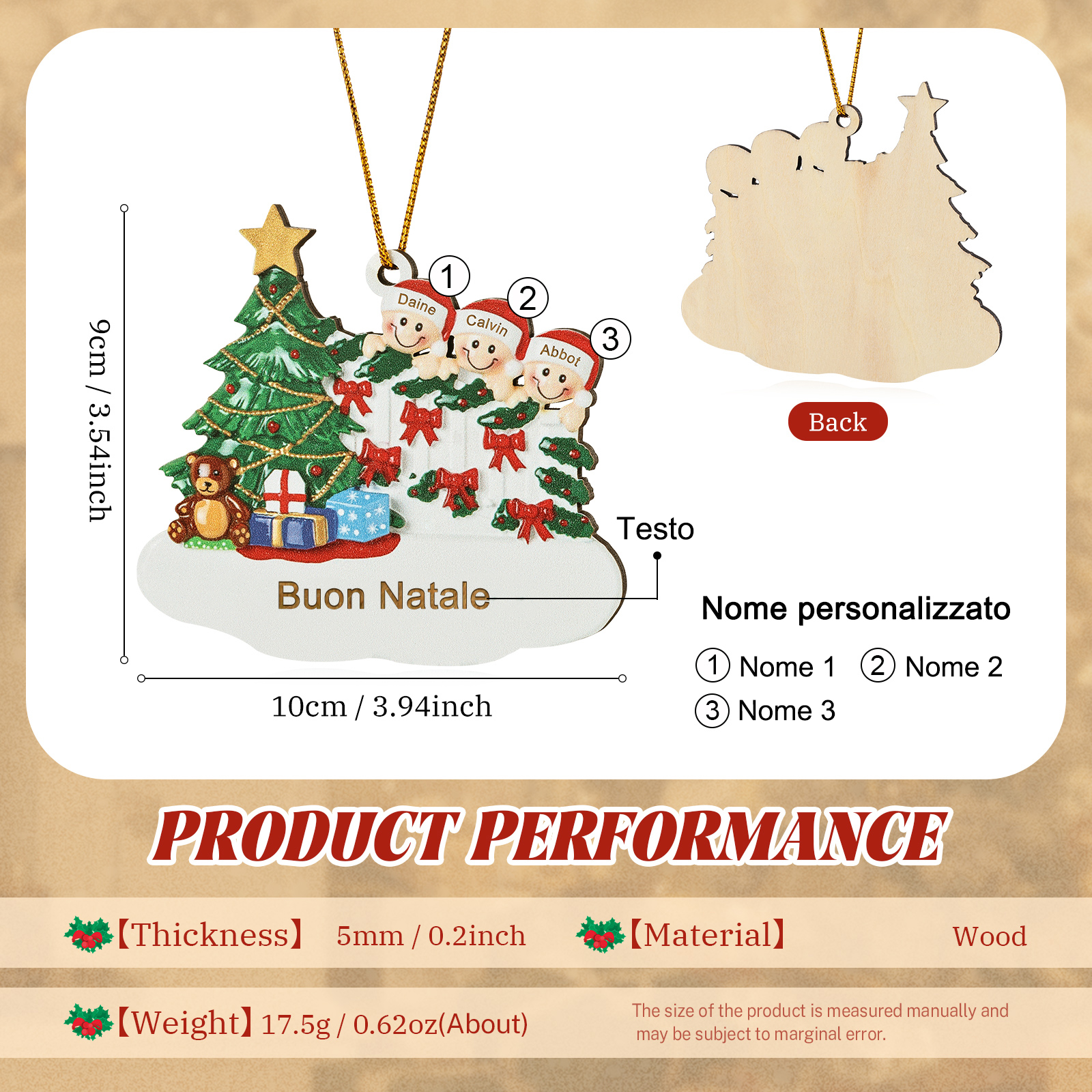 Decorazione Natalizia in Legno Personalizzata - Albero di Natale & Personaggi - Personalizzabile con 3 Nomi e 1 Testo - Regalo di Natale per Famiglia | Jessemade
