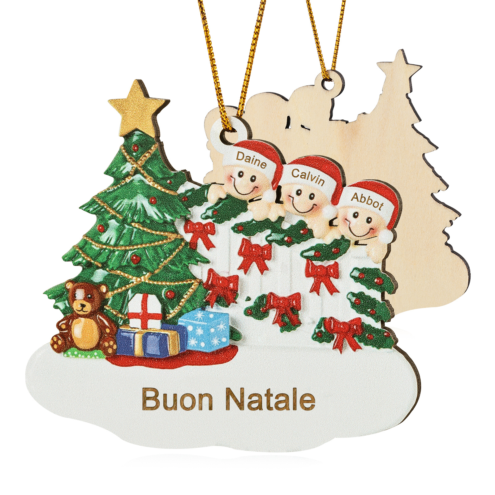 Decorazione Natalizia in Legno Personalizzata - Albero di Natale & Personaggi - Personalizzabile con 3 Nomi e 1 Testo - Regalo di Natale per Famiglia | Jessemade