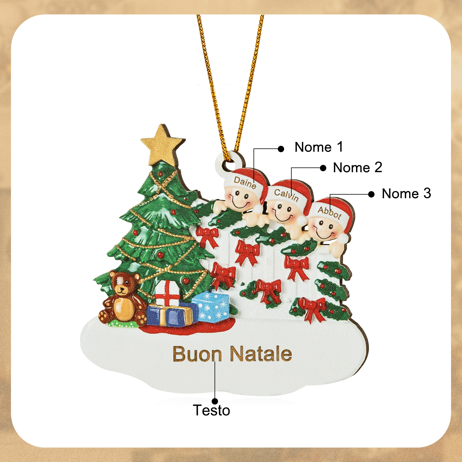 Decorazione Natalizia in Legno Personalizzata - Albero di Natale & Personaggi - Personalizzabile con 3 Nomi e 1 Testo - Regalo di Natale per Famiglia | Jessemade