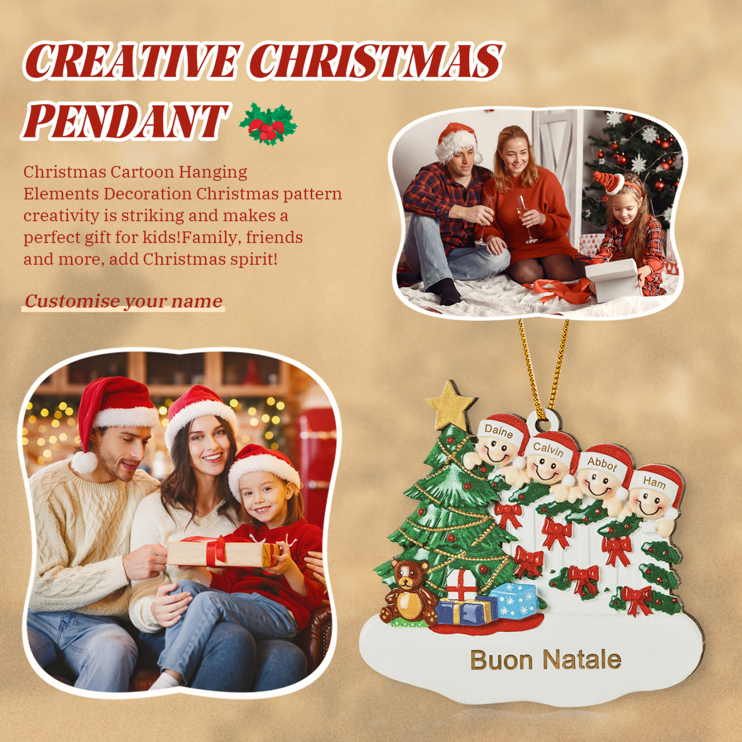 Decorazione Natalizia in Legno Personalizzata - Albero di Natale & Personaggi - Personalizzabile con 4 Nomi e 1 Testo - Regalo di Natale per Famiglia | Jessemade