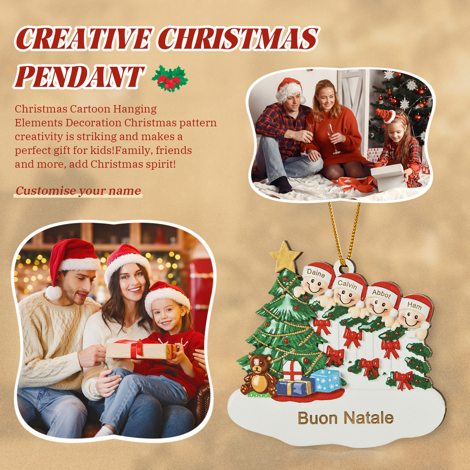 Decorazione Natalizia in Legno Personalizzata - Albero di Natale & Personaggi - Personalizzabile con 4 Nomi e 1 Testo - Regalo di Natale per Famiglia | Jessemade