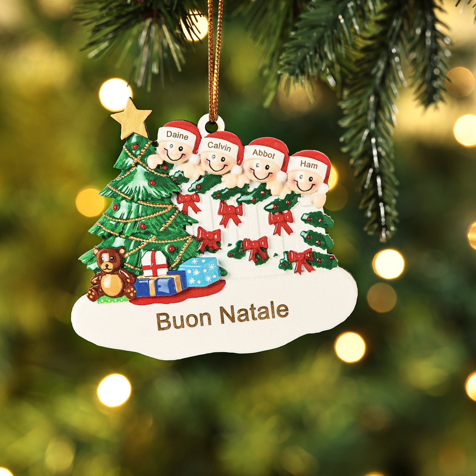 Decorazione Natalizia in Legno Personalizzata - Albero di Natale & Personaggi - Personalizzabile con 4 Nomi e 1 Testo - Regalo di Natale per Famiglia | Jessemade