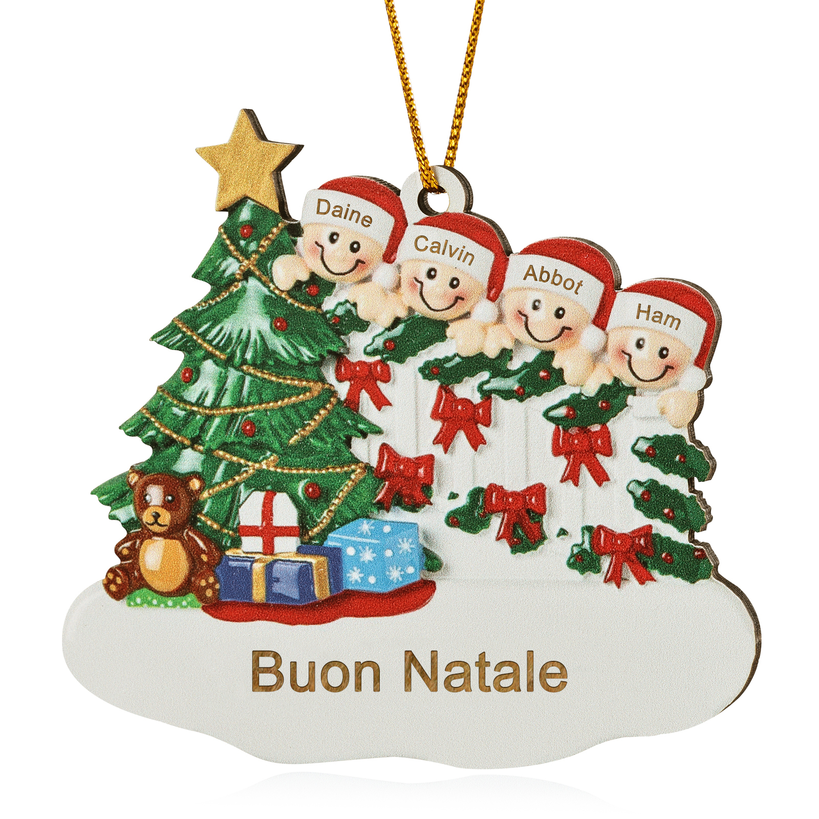 Decorazione Natalizia in Legno Personalizzata - Albero di Natale & Personaggi - Personalizzabile con 4 Nomi e 1 Testo - Regalo di Natale per Famiglia | Jessemade