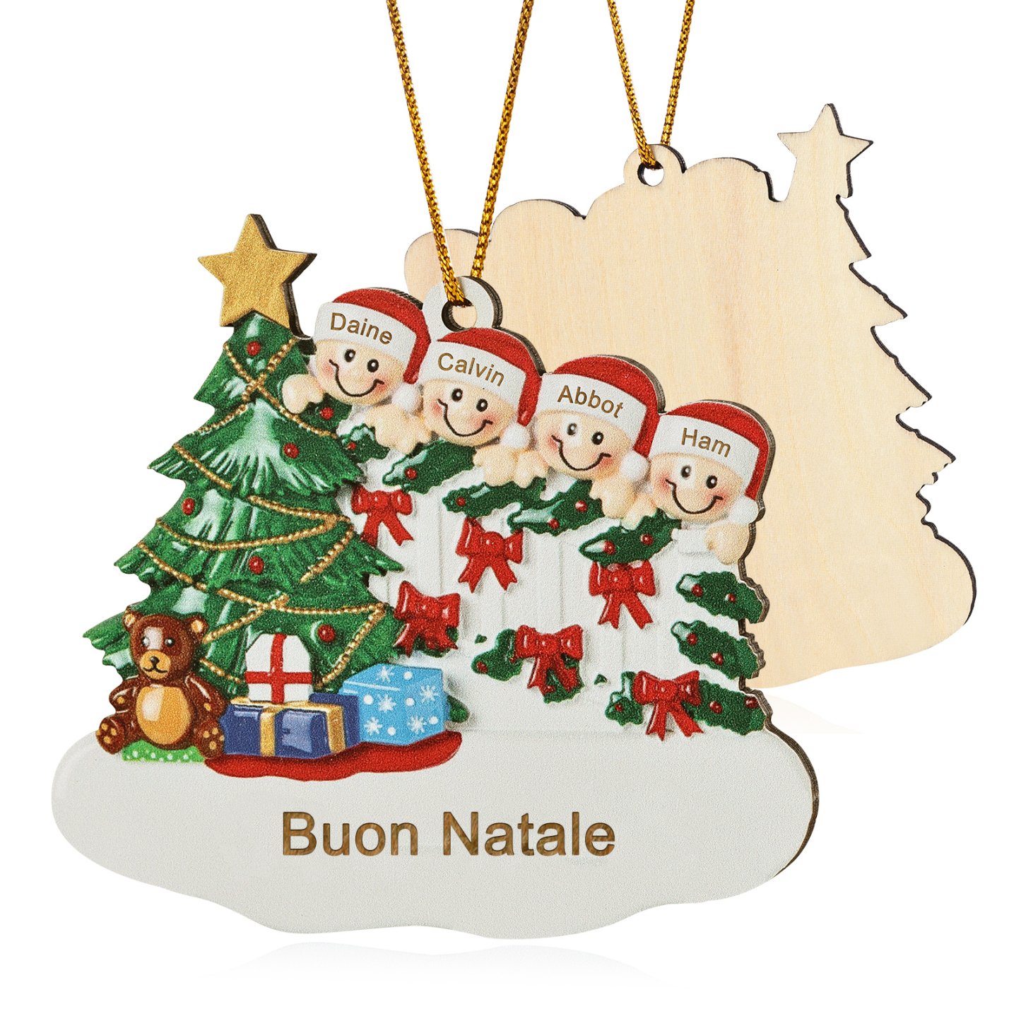 Decorazione Natalizia in Legno Personalizzata - Albero di Natale & Personaggi - Personalizzabile con 4 Nomi e 1 Testo - Regalo di Natale per Famiglia | Jessemade