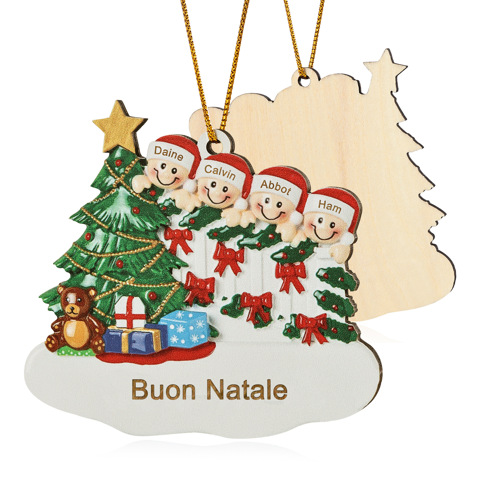 Decorazione Natalizia in Legno Personalizzata - Albero di Natale & Personaggi - Personalizzabile con 4 Nomi e 1 Testo - Regalo di Natale per Famiglia | Jessemade