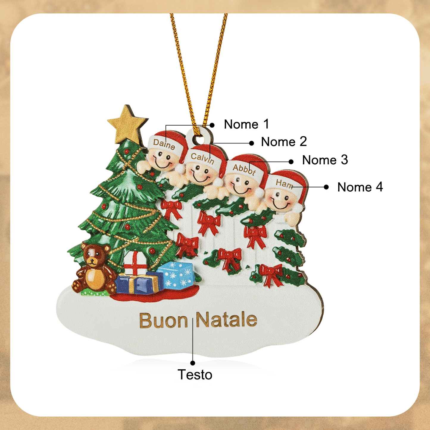 Decorazione Natalizia in Legno Personalizzata - Albero di Natale & Personaggi - Personalizzabile con 4 Nomi e 1 Testo - Regalo di Natale per Famiglia | Jessemade