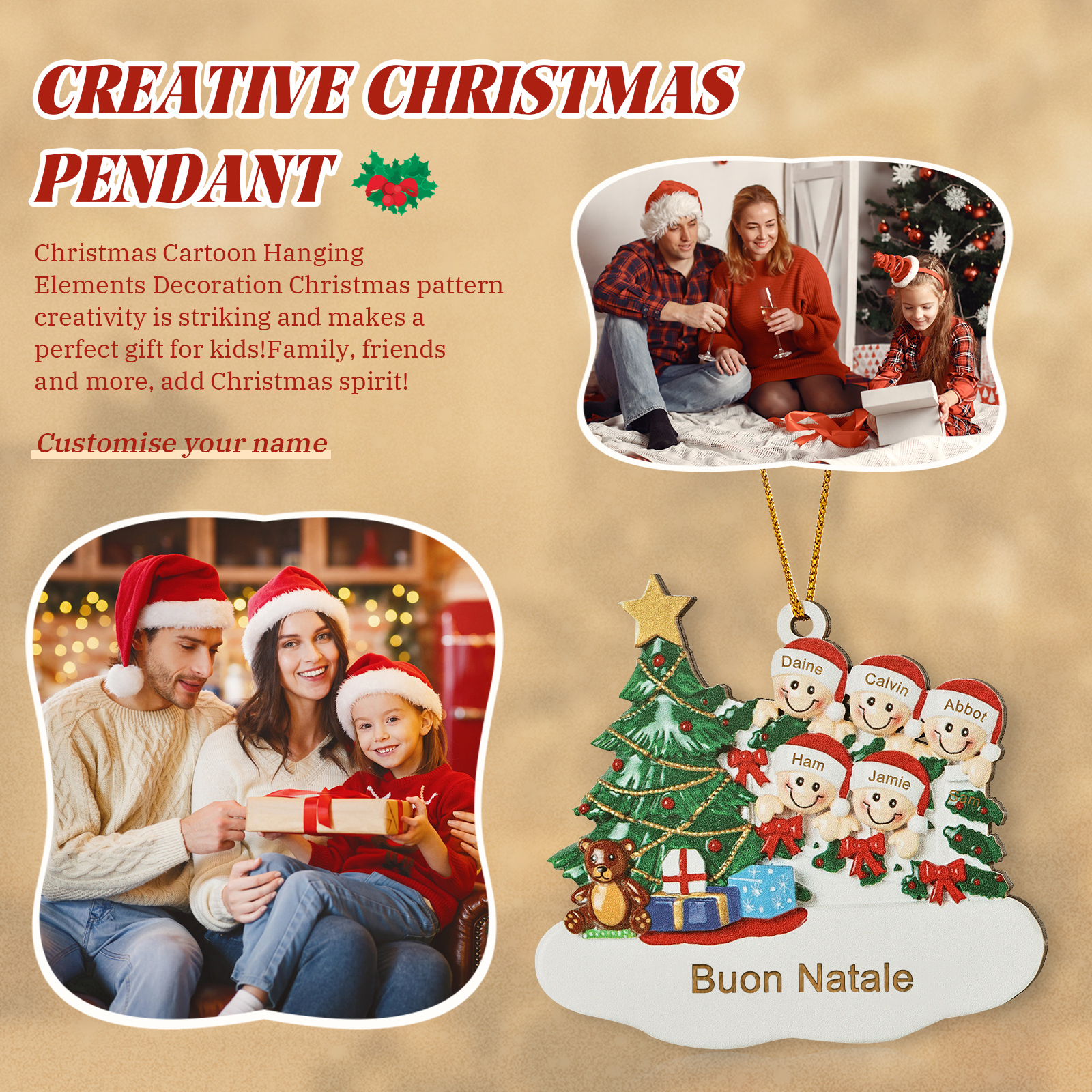 Decorazione Natalizia in Legno Personalizzata - Albero di Natale & Personaggi - Personalizzabile con 5 Nomi e 1 Testo - Regalo di Natale per Famiglia | Jessemade