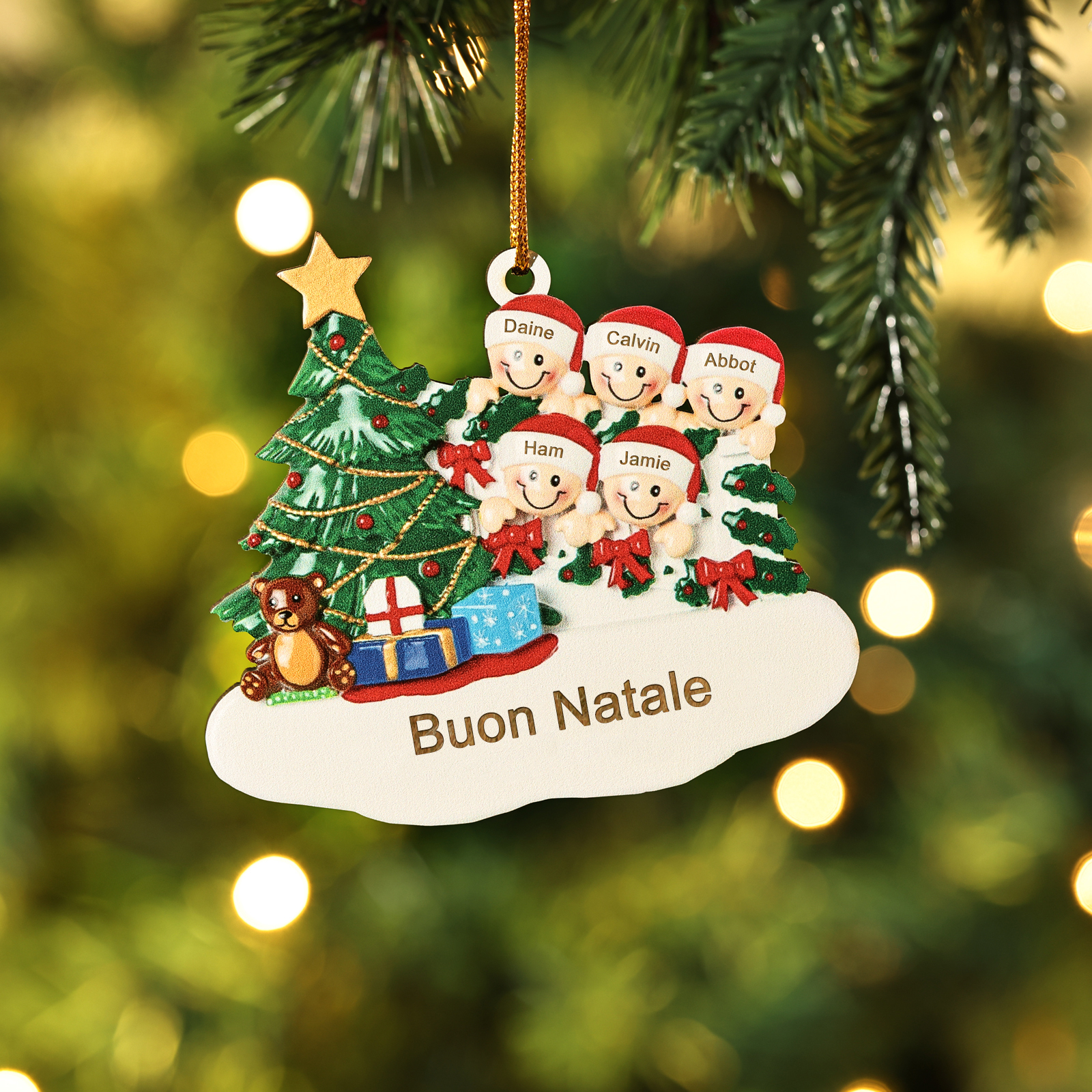 Decorazione Natalizia in Legno Personalizzata - Albero di Natale & Personaggi - Personalizzabile con 5 Nomi e 1 Testo - Regalo di Natale per Famiglia | Jessemade