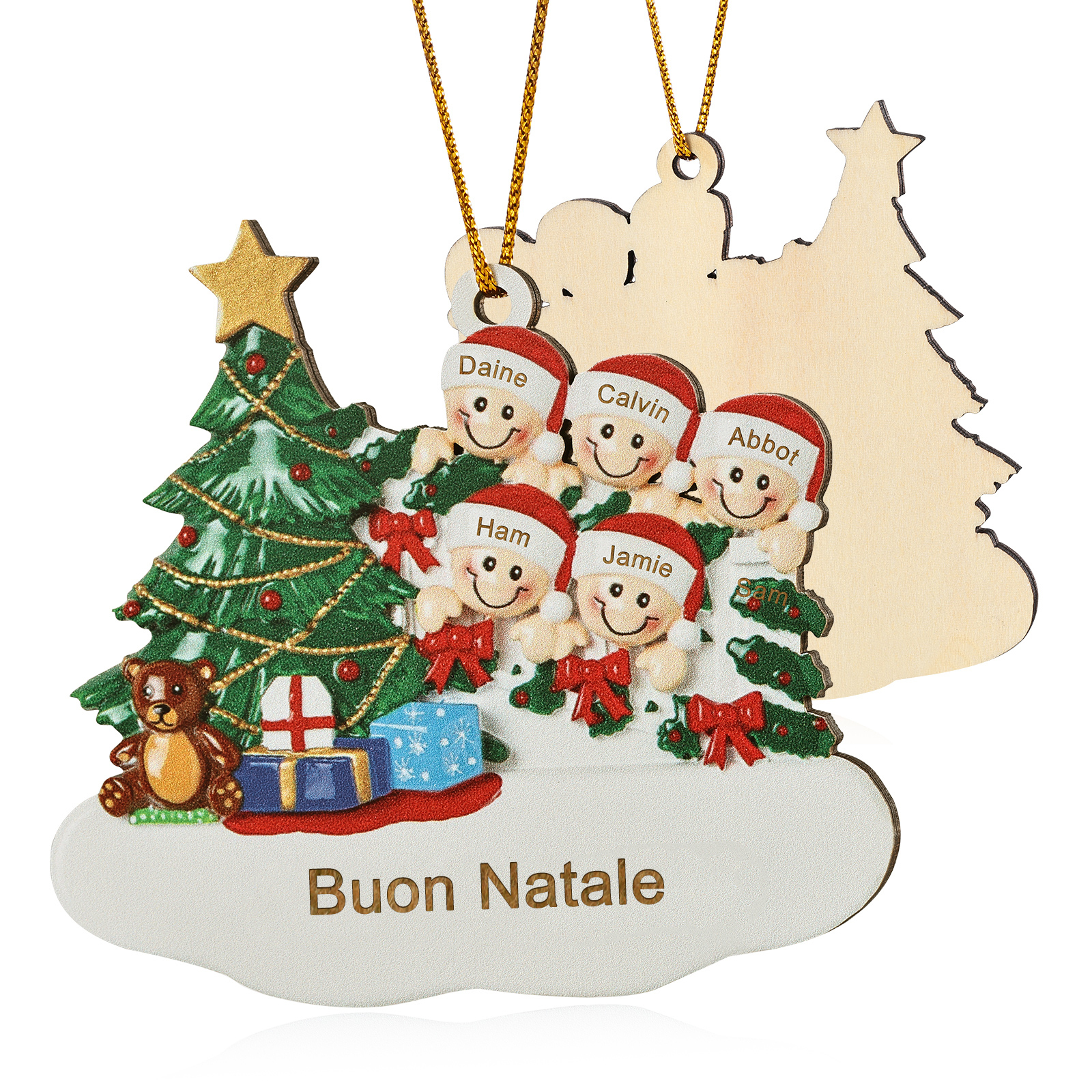 Decorazione Natalizia in Legno Personalizzata - Albero di Natale & Personaggi - Personalizzabile con 5 Nomi e 1 Testo - Regalo di Natale per Famiglia | Jessemade