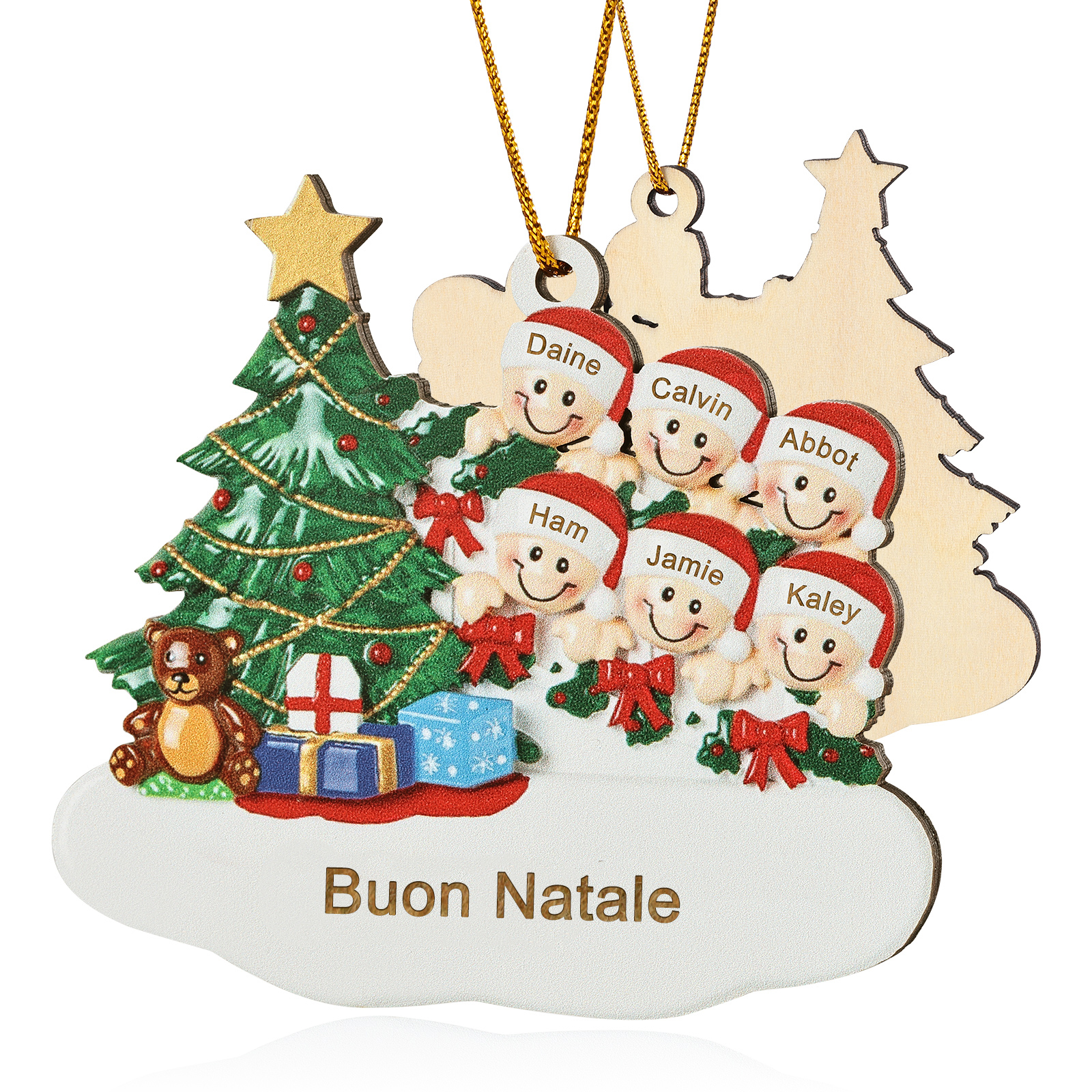 Decorazione Natalizia in Legno Personalizzata - Albero di Natale & Personaggi - Personalizzabile con 6 Nomi e 1 Testo - Regalo di Natale per Famiglia | Jessemade