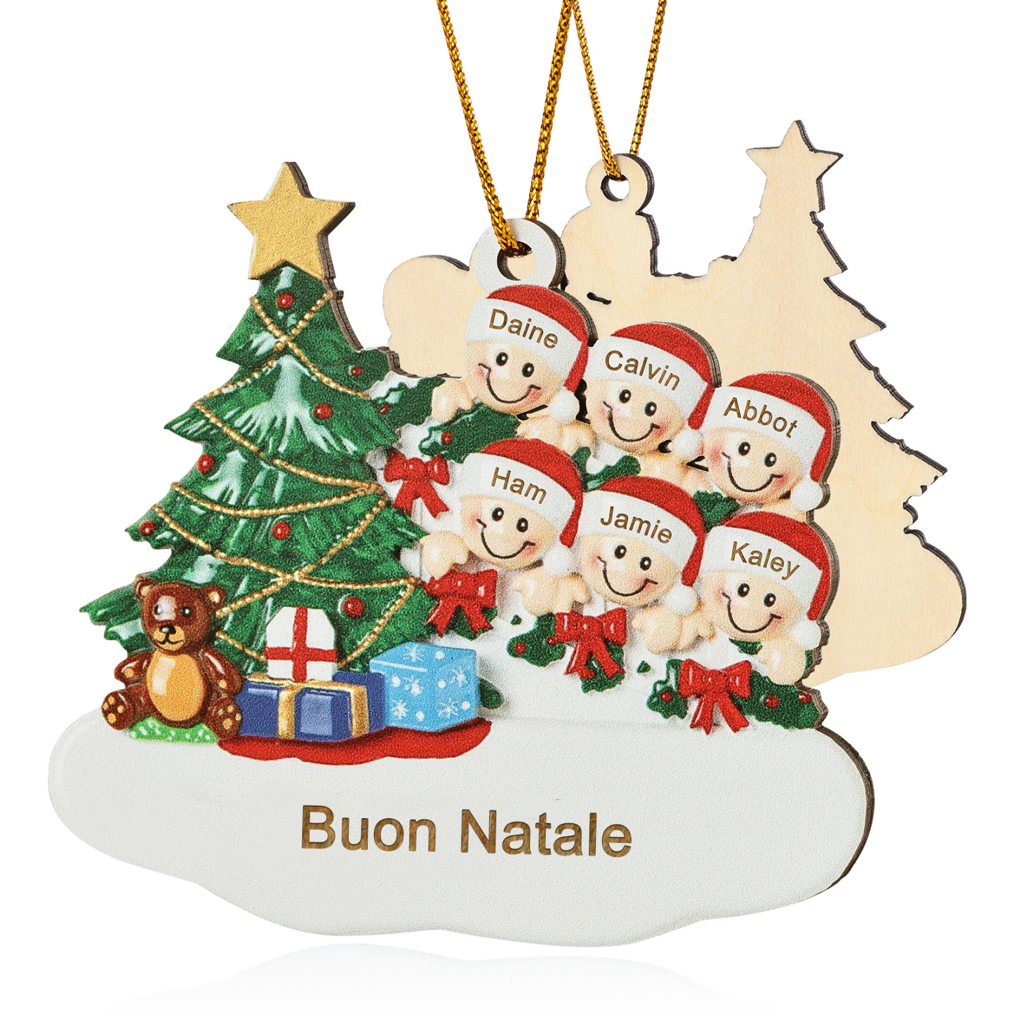 Decorazione Natalizia in Legno Personalizzata - Albero di Natale & Personaggi - Personalizzabile con 6 Nomi e 1 Testo - Regalo di Natale per Famiglia | Jessemade