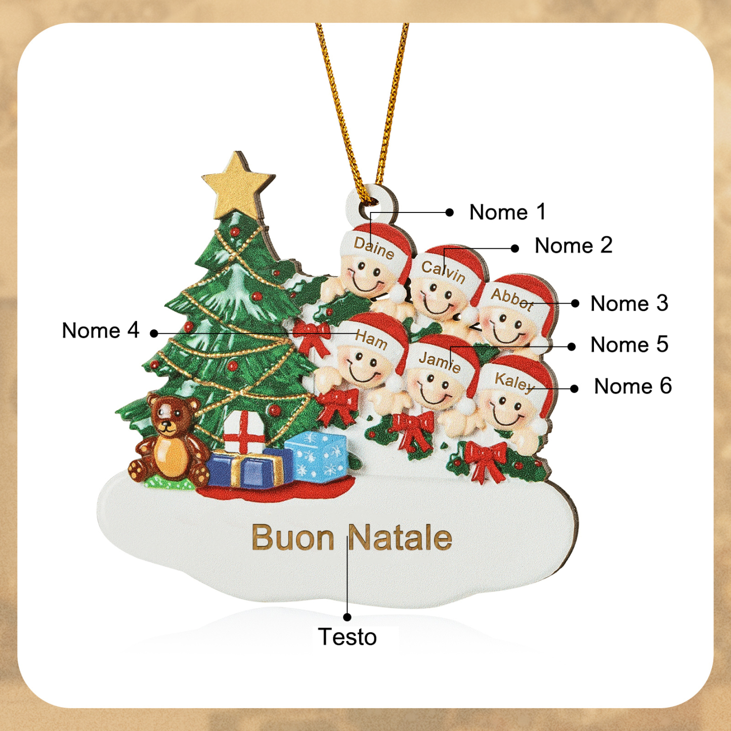 Decorazione Natalizia in Legno Personalizzata - Albero di Natale & Personaggi - Personalizzabile con 6 Nomi e 1 Testo - Regalo di Natale per Famiglia | Jessemade