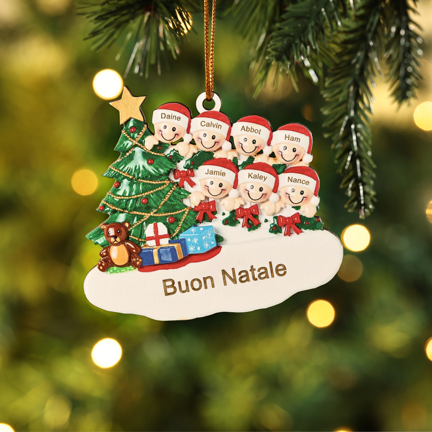 Decorazione Natalizia in Legno Personalizzata - Albero di Natale & Personaggi - Personalizzabile con 7 Nomi e 1 Testo - Regalo di Natale per Famiglia | Jessemade