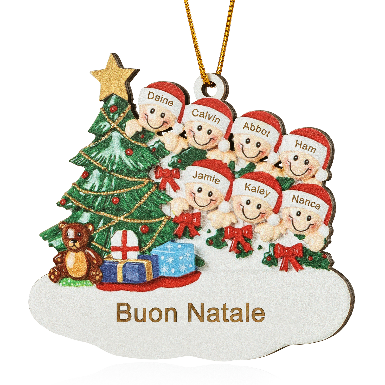Decorazione Natalizia in Legno Personalizzata - Albero di Natale & Personaggi - Personalizzabile con 7 Nomi e 1 Testo - Regalo di Natale per Famiglia | Jessemade
