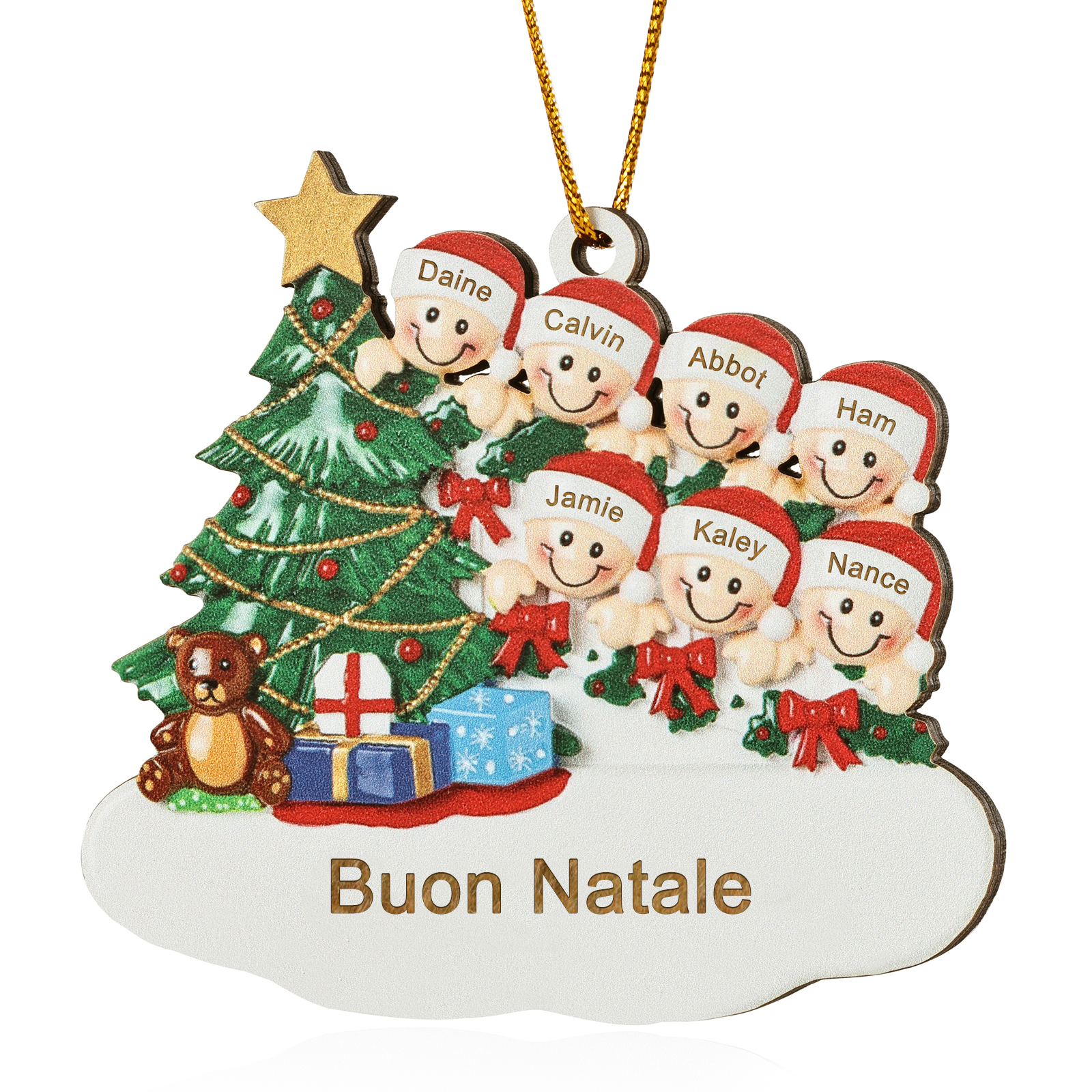 Decorazione Natalizia in Legno Personalizzata - Albero di Natale & Personaggi - Personalizzabile con 7 Nomi e 1 Testo - Regalo di Natale per Famiglia | Jessemade