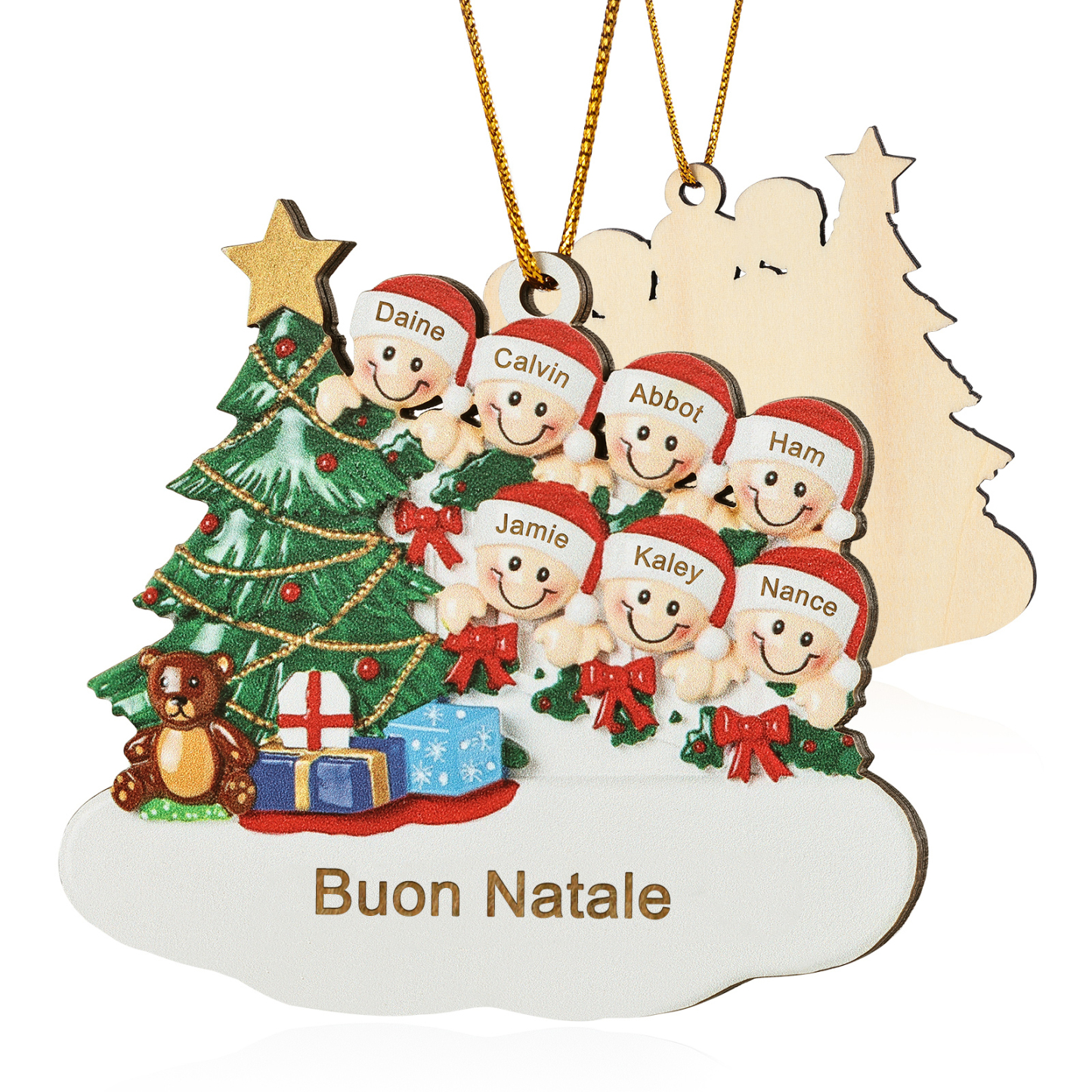 Decorazione Natalizia in Legno Personalizzata - Albero di Natale & Personaggi - Personalizzabile con 7 Nomi e 1 Testo - Regalo di Natale per Famiglia | Jessemade